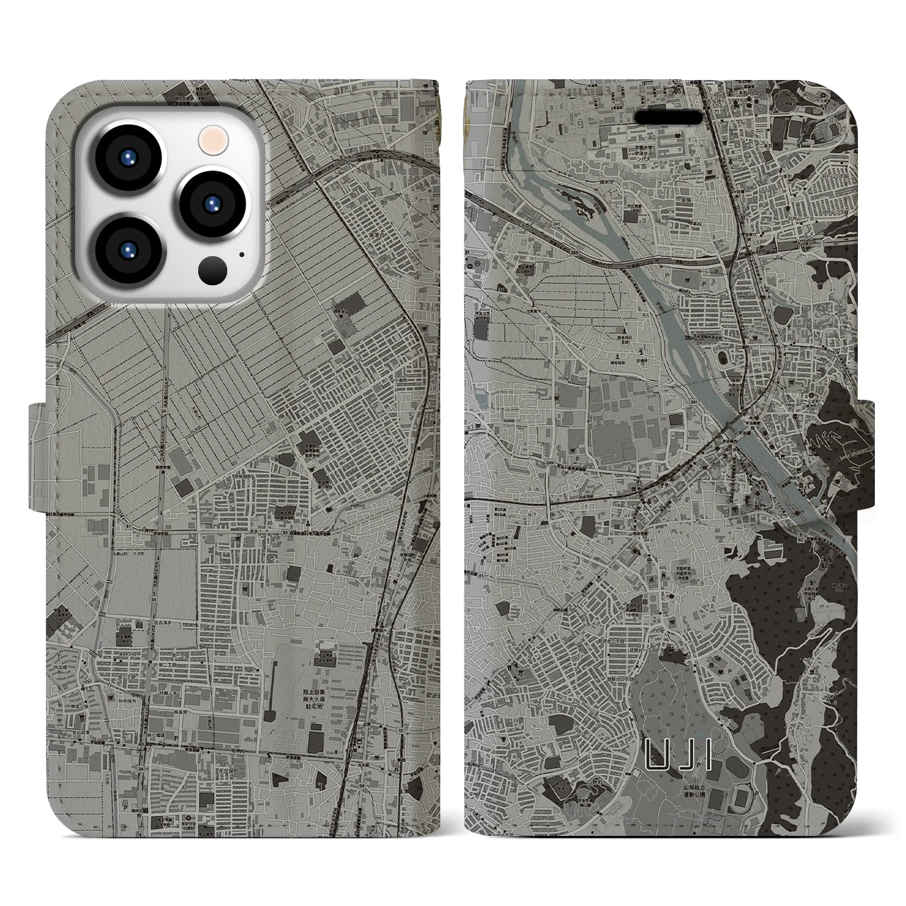 【宇治(京都府)】地図柄iPhoneケース(手帳タイプ)モノトーン・iPhone 13 Pro 用