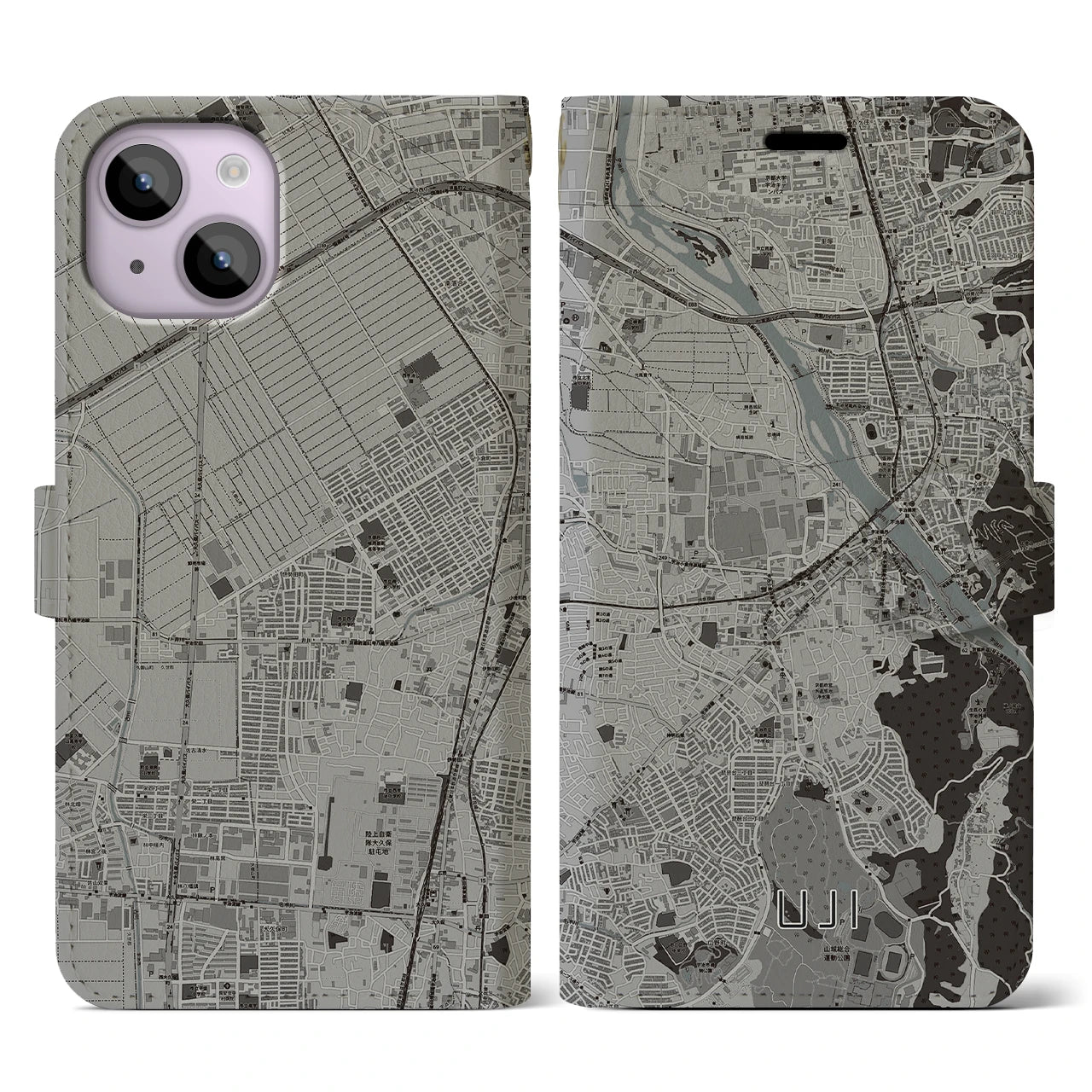 【宇治(京都府)】地図柄iPhoneケース(手帳タイプ)モノトーン・iPhone 14 用