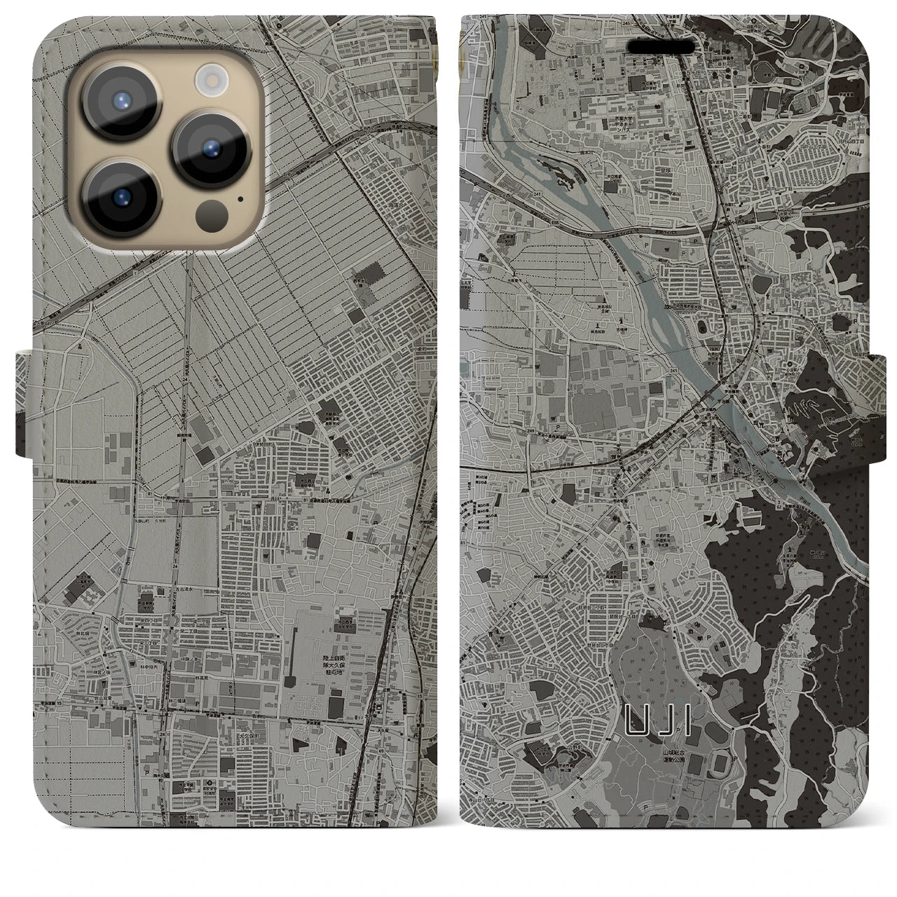 【宇治(京都府)】地図柄iPhoneケース(手帳タイプ)モノトーン・iPhone 14 Pro Max 用