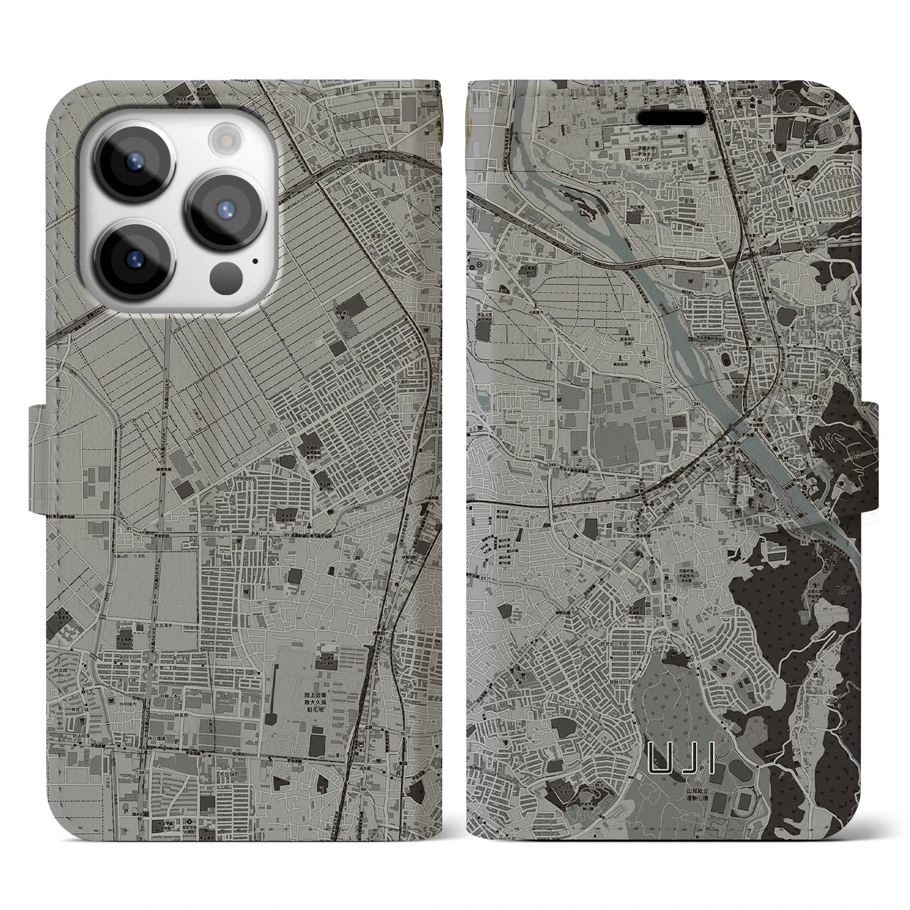 【宇治(京都府)】地図柄iPhoneケース(手帳タイプ)モノトーン・iPhone 14 Pro 用
