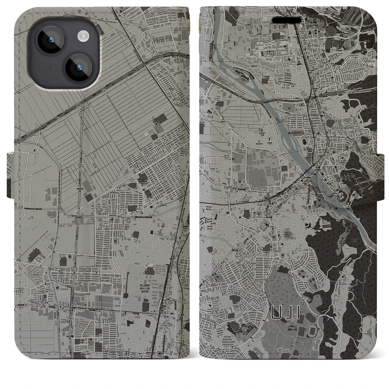 【宇治(京都府)】地図柄iPhoneケース(手帳タイプ)モノトーン・iPhone 14 Plus 用