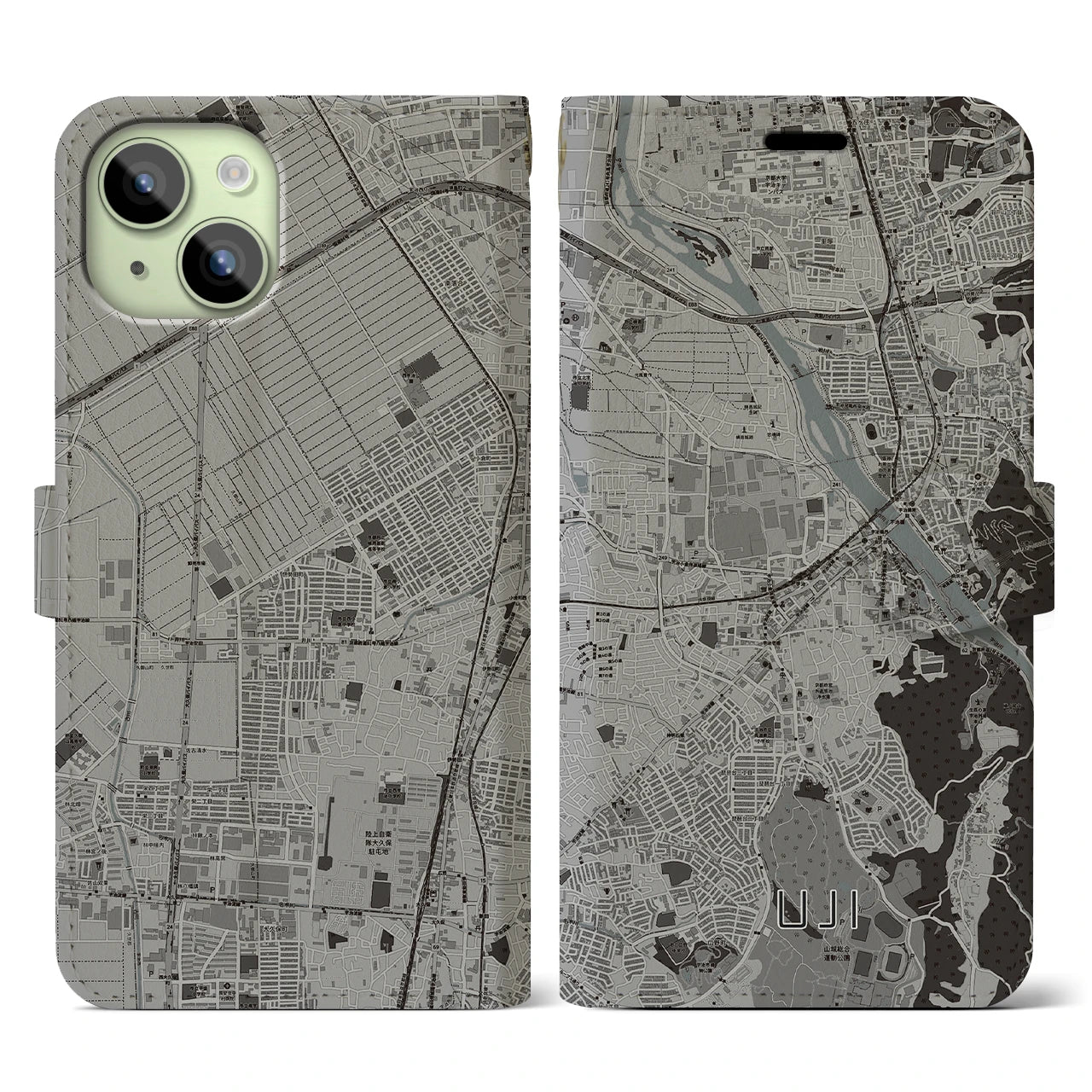 【宇治(京都府)】地図柄iPhoneケース(手帳タイプ)モノトーン・iPhone 15 用
