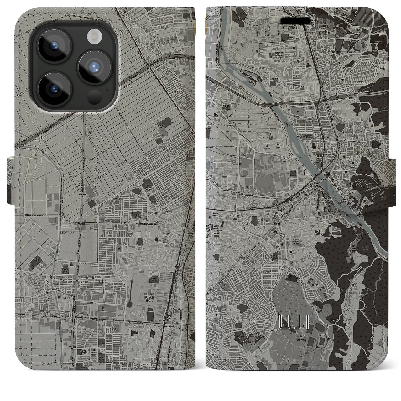 【宇治(京都府)】地図柄iPhoneケース(手帳タイプ)モノトーン・iPhone 15 Pro Max 用