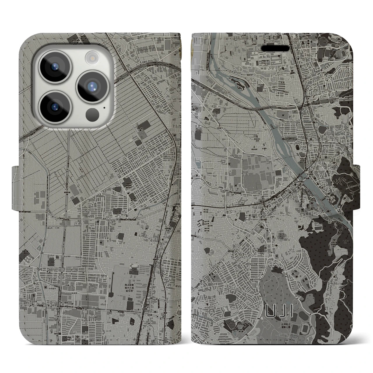 【宇治(京都府)】地図柄iPhoneケース(手帳タイプ)モノトーン・iPhone 15 Pro 用