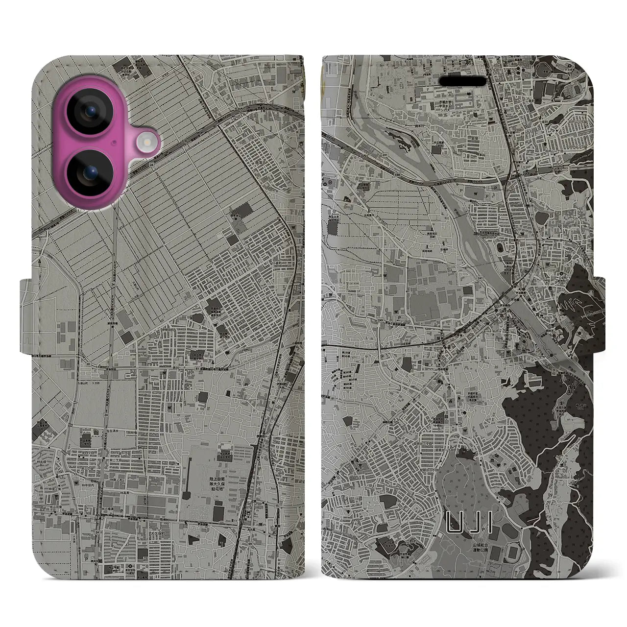 【宇治(京都府)】地図柄iPhoneケース(手帳タイプ)モノトーン・iPhone 16 Pro 用