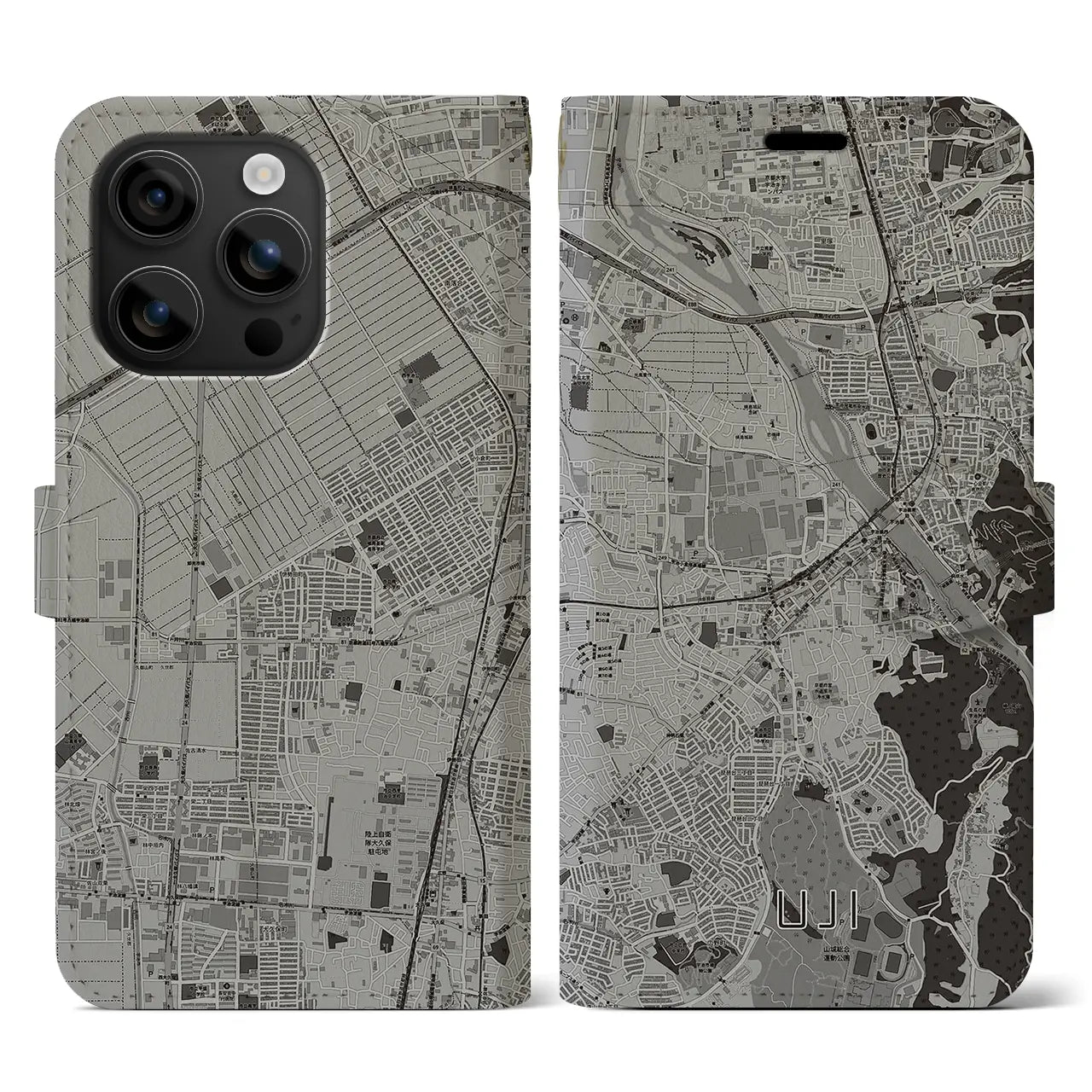 【宇治(京都府)】地図柄iPhoneケース(手帳タイプ)モノトーン・iPhone 16 用