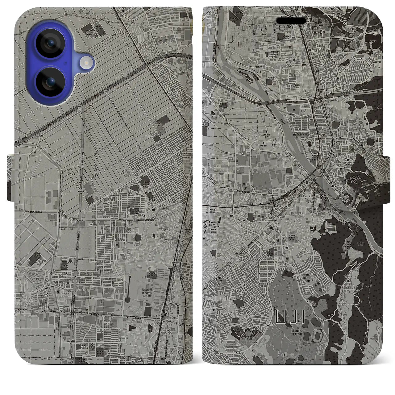 【宇治(京都府)】地図柄iPhoneケース(手帳タイプ)モノトーン・iPhone 16 Pro Max 用