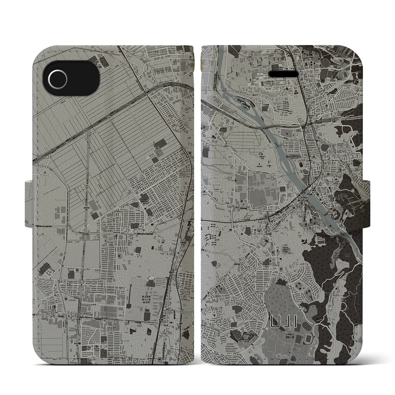 【宇治(京都府)】地図柄iPhoneケース(手帳タイプ)モノトーン・iPhone SE(第3 / 第2世代) / 8 / 7 / 6s / 6 用