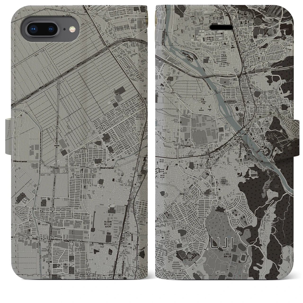 【宇治(京都府)】地図柄iPhoneケース(手帳タイプ)モノトーン・iPhone 8Plus /7Plus / 6sPlus / 6Plus 用
