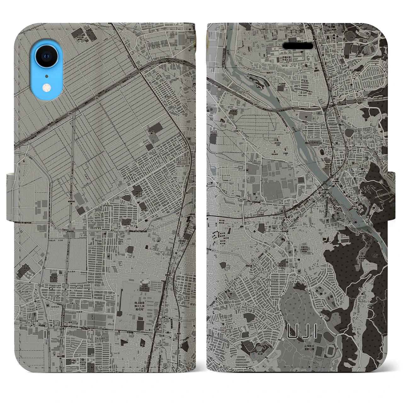 【宇治(京都府)】地図柄iPhoneケース(手帳タイプ)モノトーン・iPhone XR 用