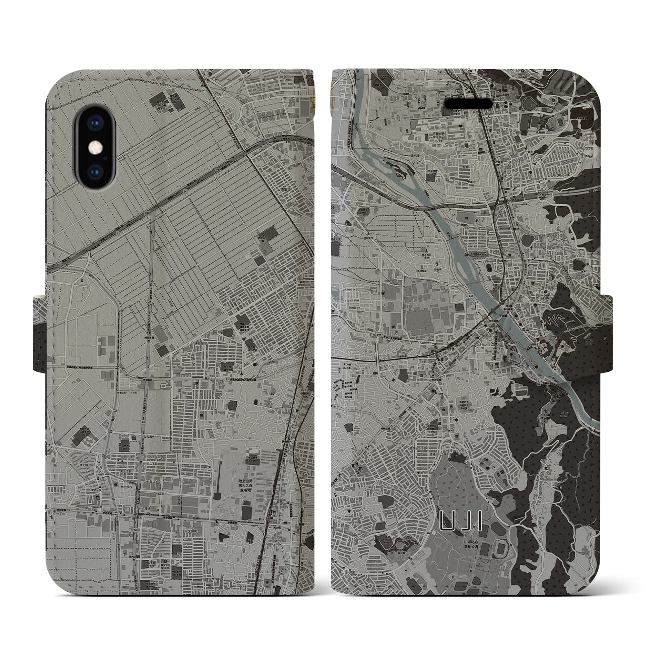 【宇治(京都府)】地図柄iPhoneケース(手帳タイプ)モノトーン・iPhone XS / X 用