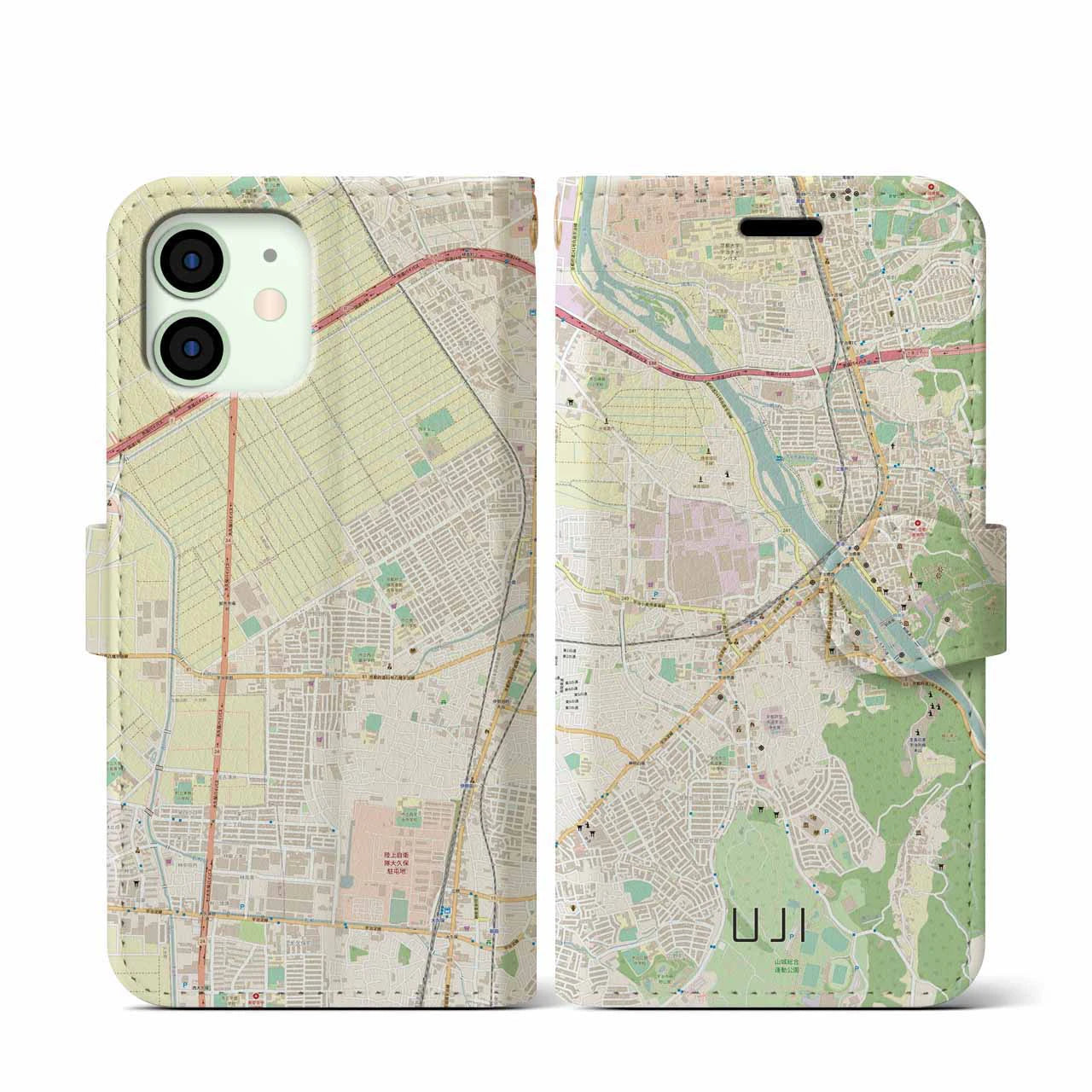【宇治(京都府)】地図柄iPhoneケース(手帳タイプ)ナチュラル・iPhone 12 mini 用