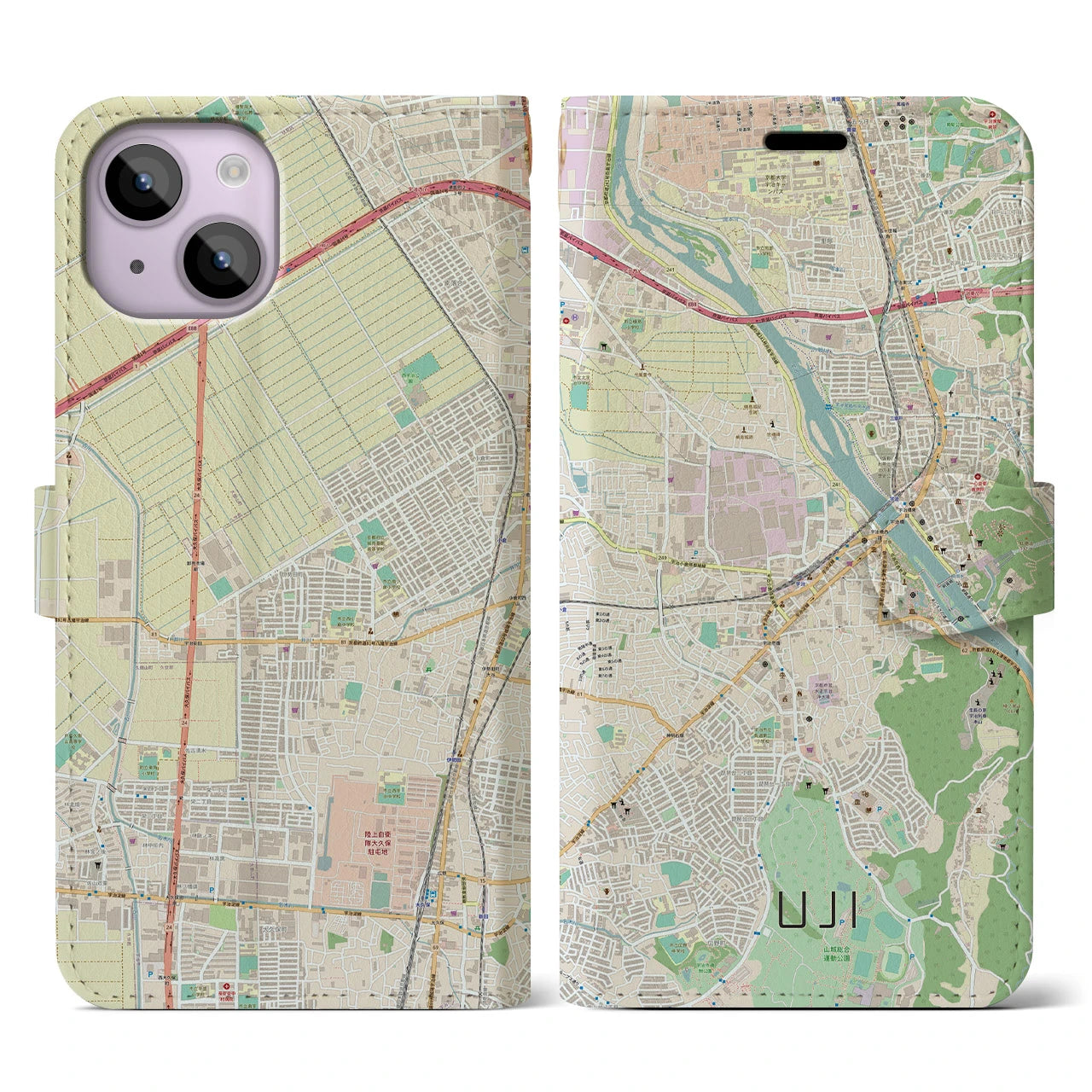 【宇治(京都府)】地図柄iPhoneケース(手帳タイプ)ナチュラル・iPhone 14 用