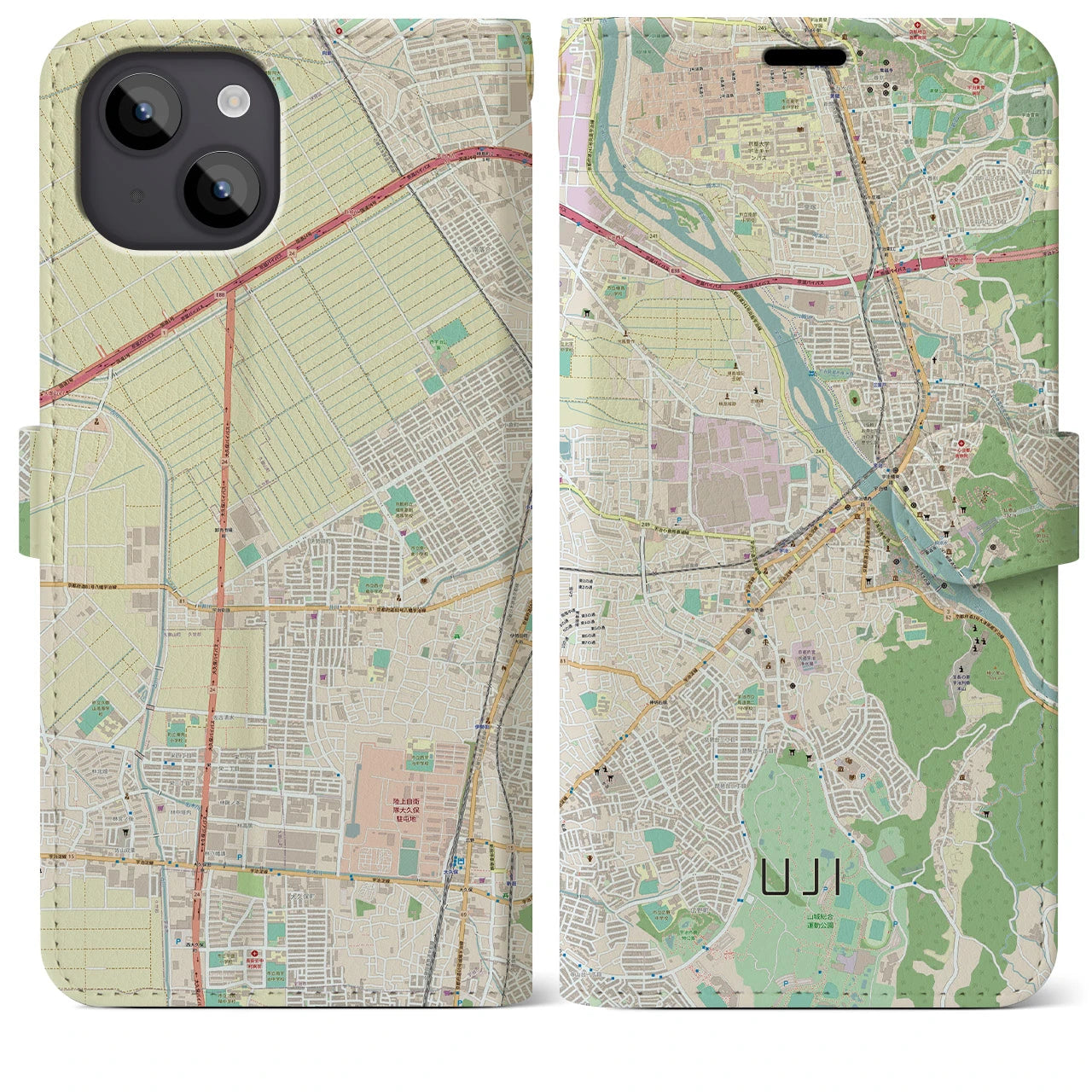 【宇治(京都府)】地図柄iPhoneケース(手帳タイプ)ナチュラル・iPhone 14 Plus 用