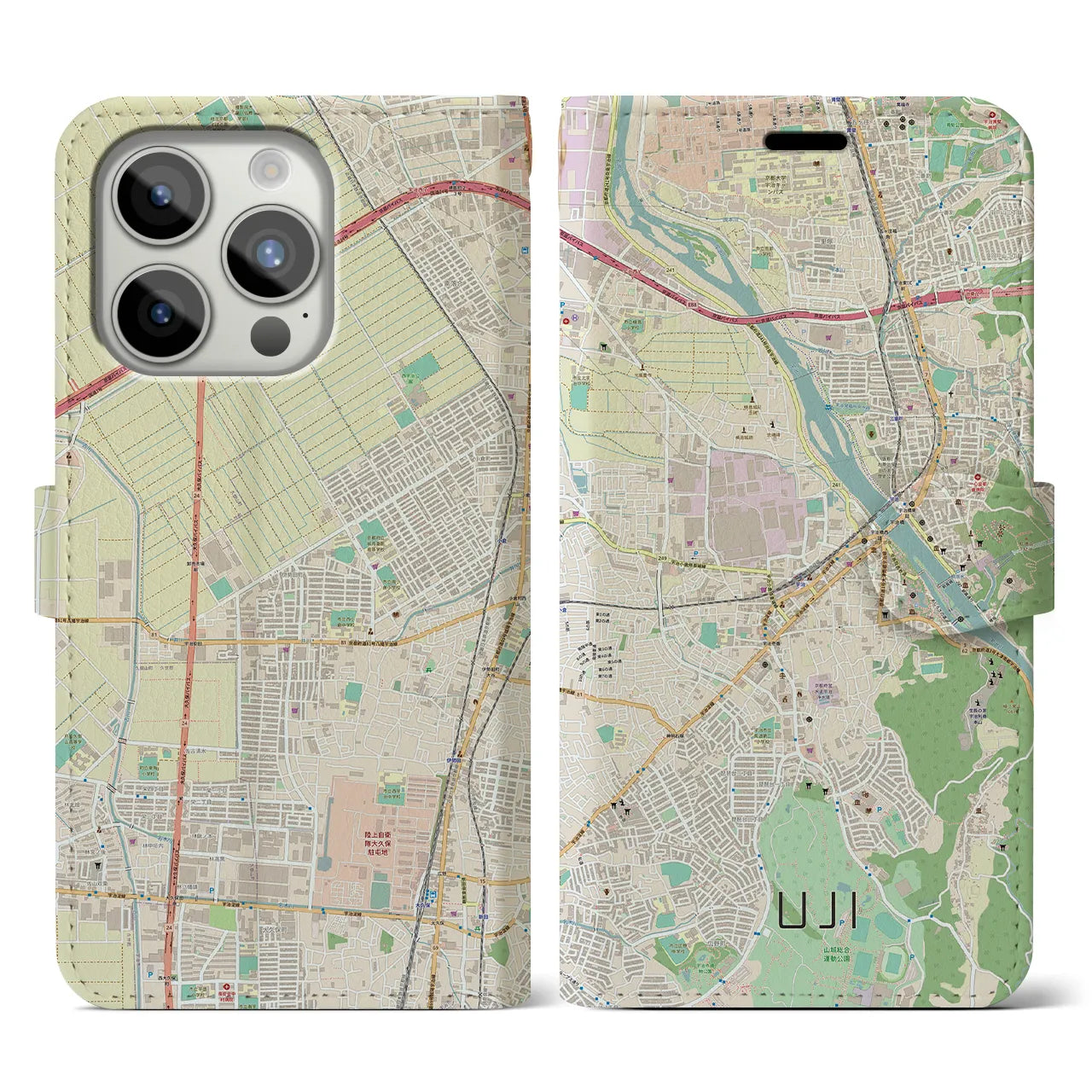 【宇治(京都府)】地図柄iPhoneケース(手帳タイプ)ナチュラル・iPhone 15 Pro 用