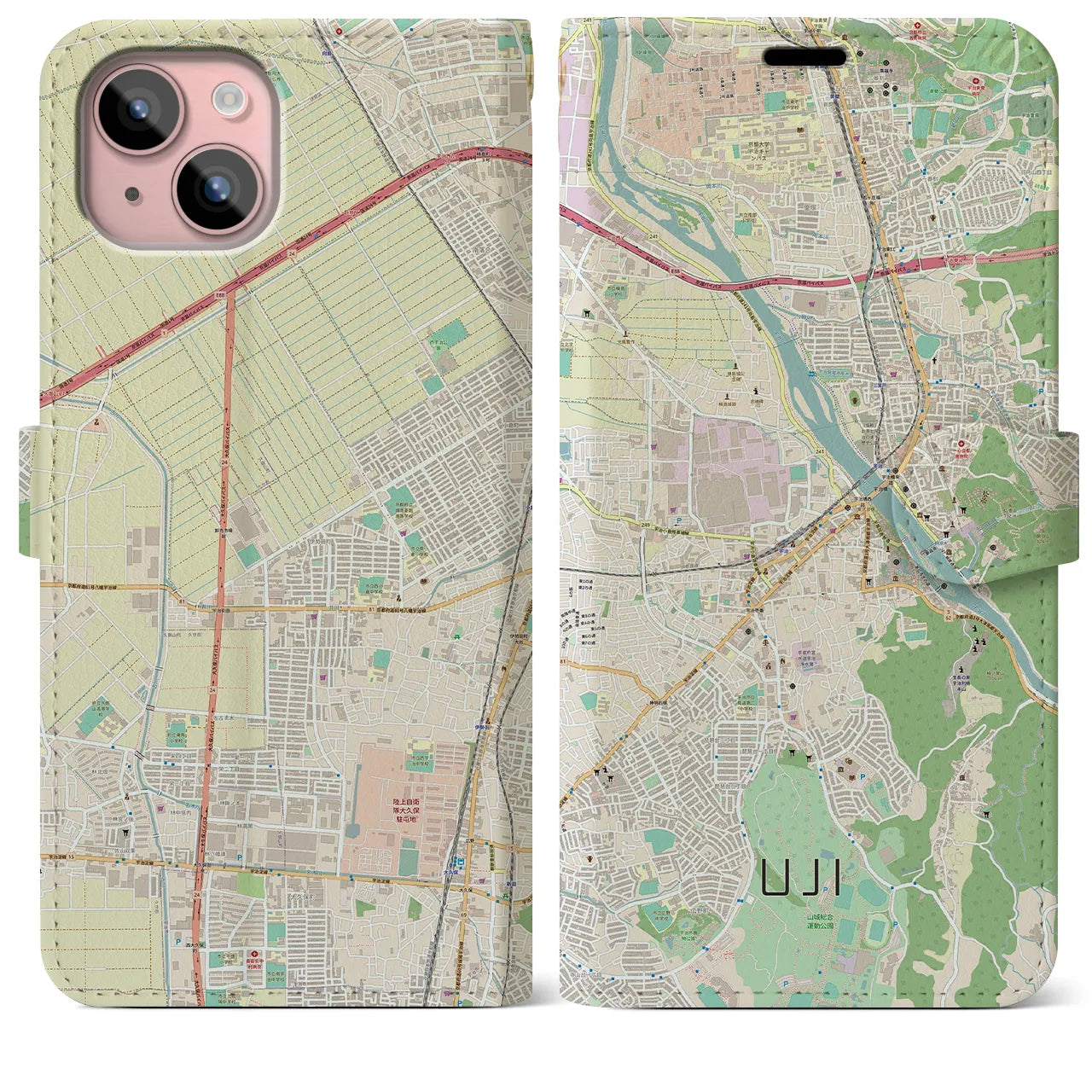 【宇治(京都府)】地図柄iPhoneケース(手帳タイプ)ナチュラル・iPhone 15 Plus 用