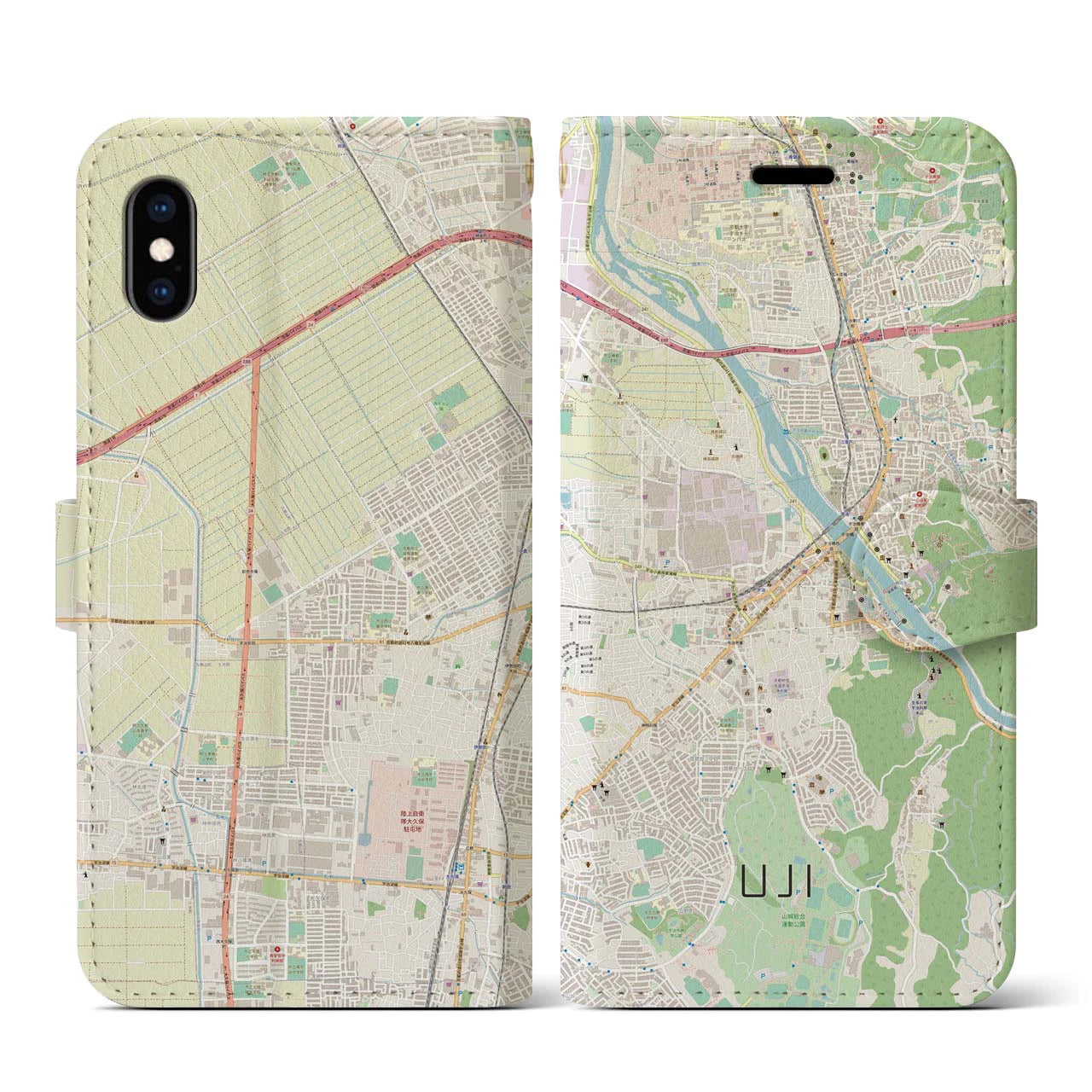 【宇治(京都府)】地図柄iPhoneケース(手帳タイプ)ナチュラル・iPhone XS / X 用