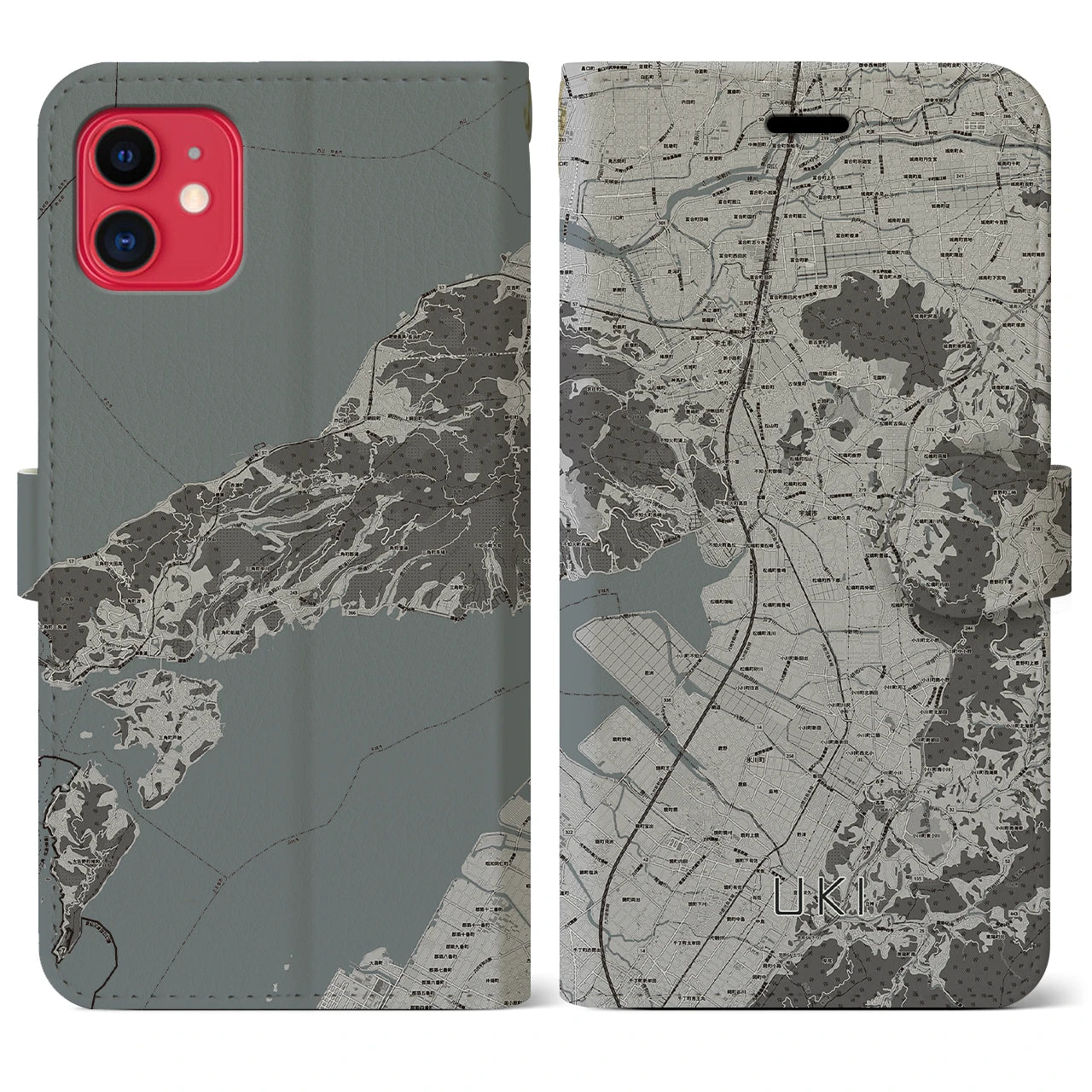 【宇城(熊本県)】地図柄iPhoneケース(手帳タイプ)モノトーン・iPhone 11 用