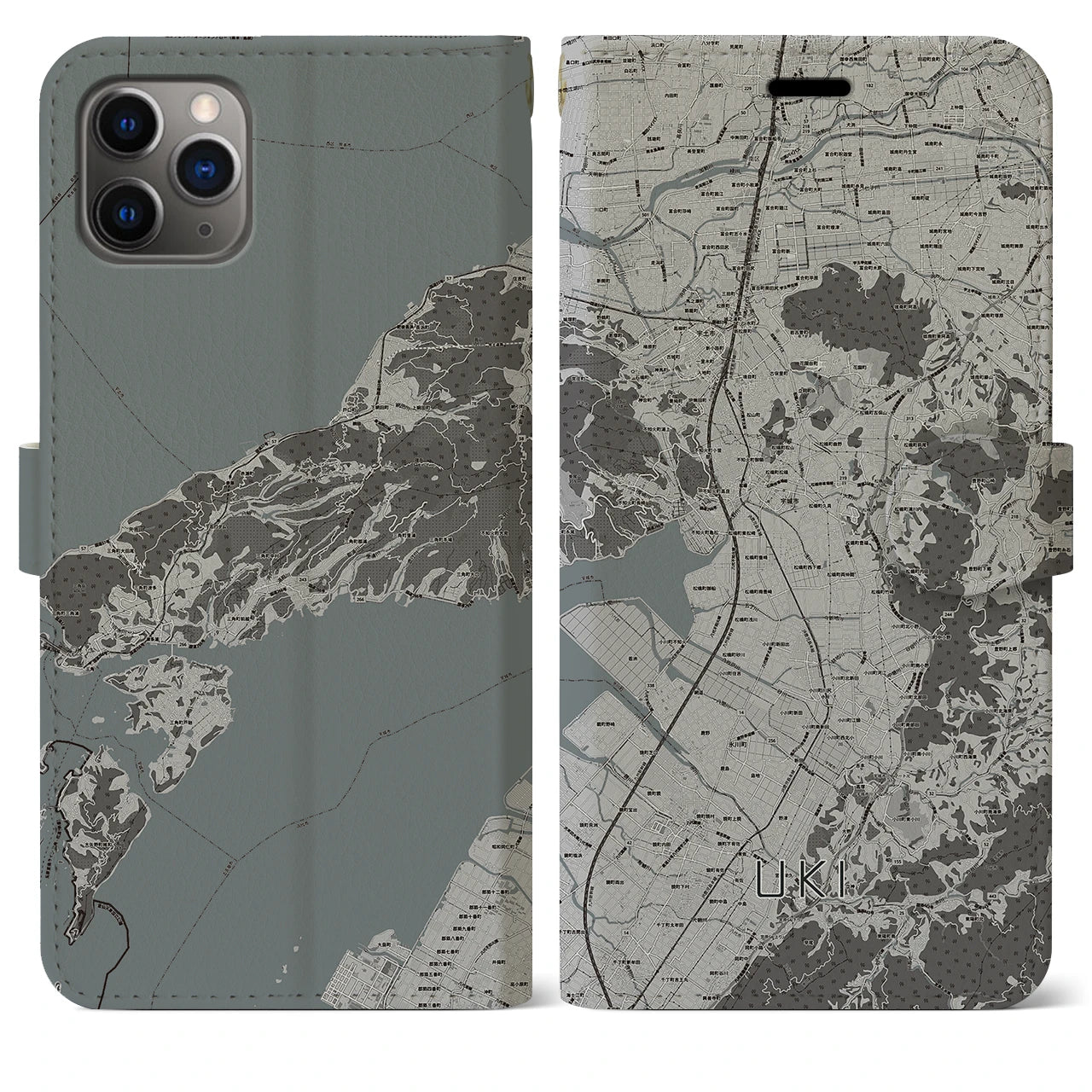【宇城(熊本県)】地図柄iPhoneケース(手帳タイプ)モノトーン・iPhone 11 Pro Max 用