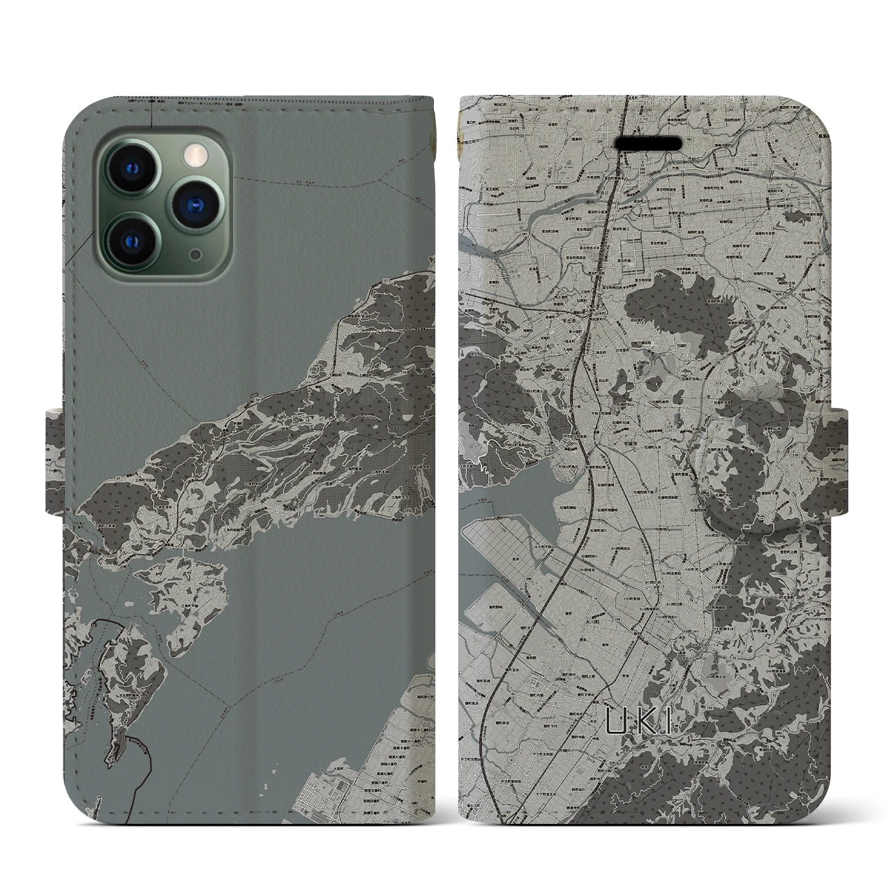 【宇城(熊本県)】地図柄iPhoneケース(手帳タイプ)モノトーン・iPhone 11 Pro 用