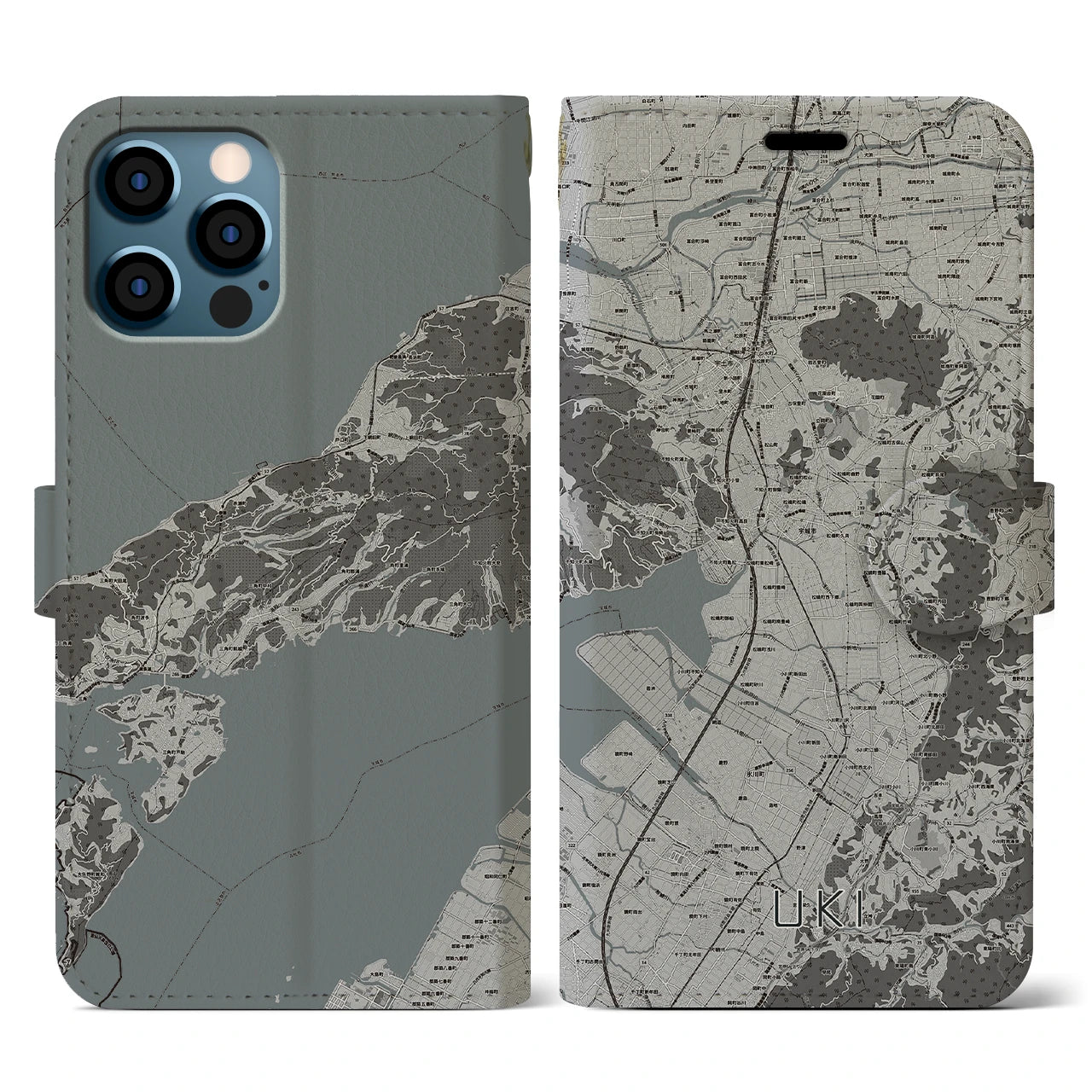 【宇城(熊本県)】地図柄iPhoneケース(手帳タイプ)モノトーン・iPhone 12 / 12 Pro 用