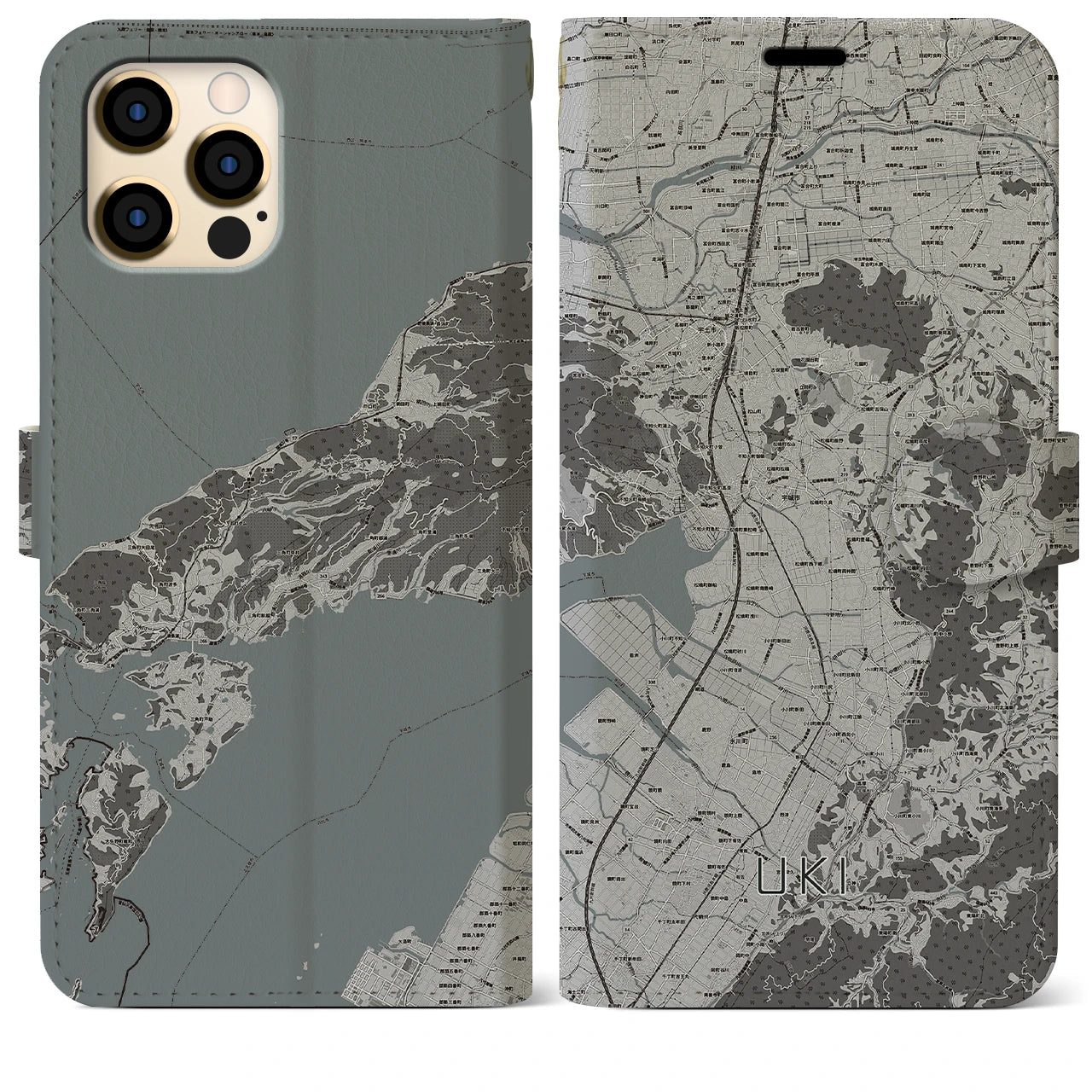 【宇城(熊本県)】地図柄iPhoneケース(手帳タイプ)モノトーン・iPhone 12 Pro Max 用