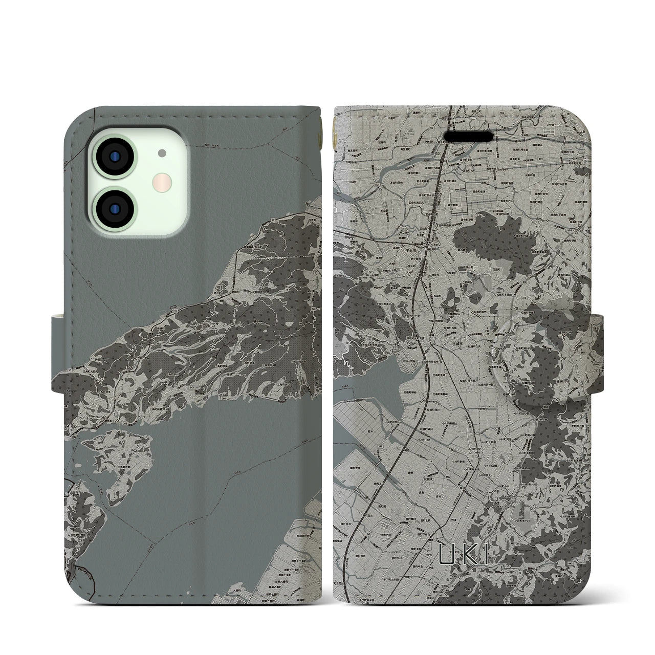 【宇城(熊本県)】地図柄iPhoneケース(手帳タイプ)モノトーン・iPhone 12 mini 用