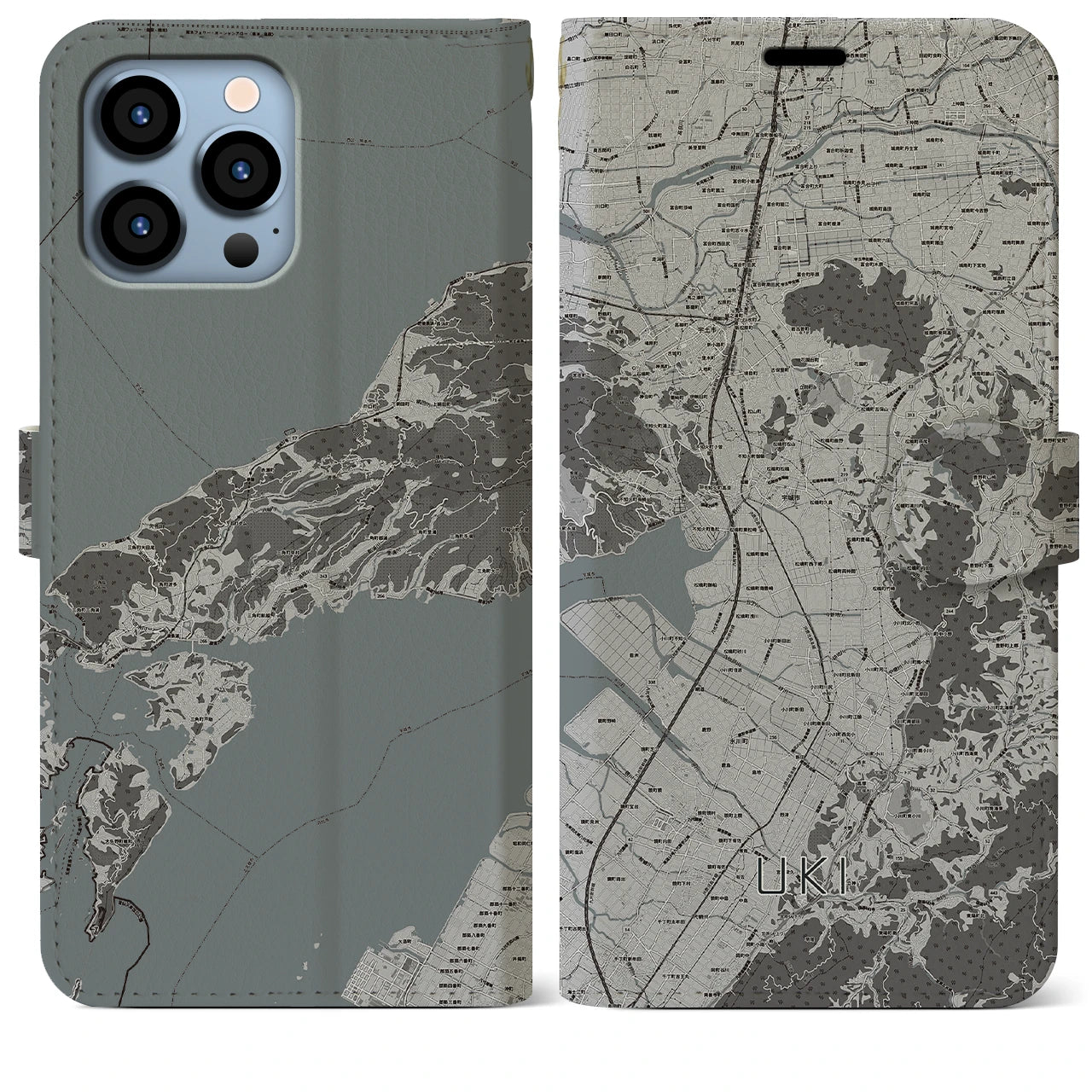 【宇城(熊本県)】地図柄iPhoneケース(手帳タイプ)モノトーン・iPhone 13 Pro Max 用