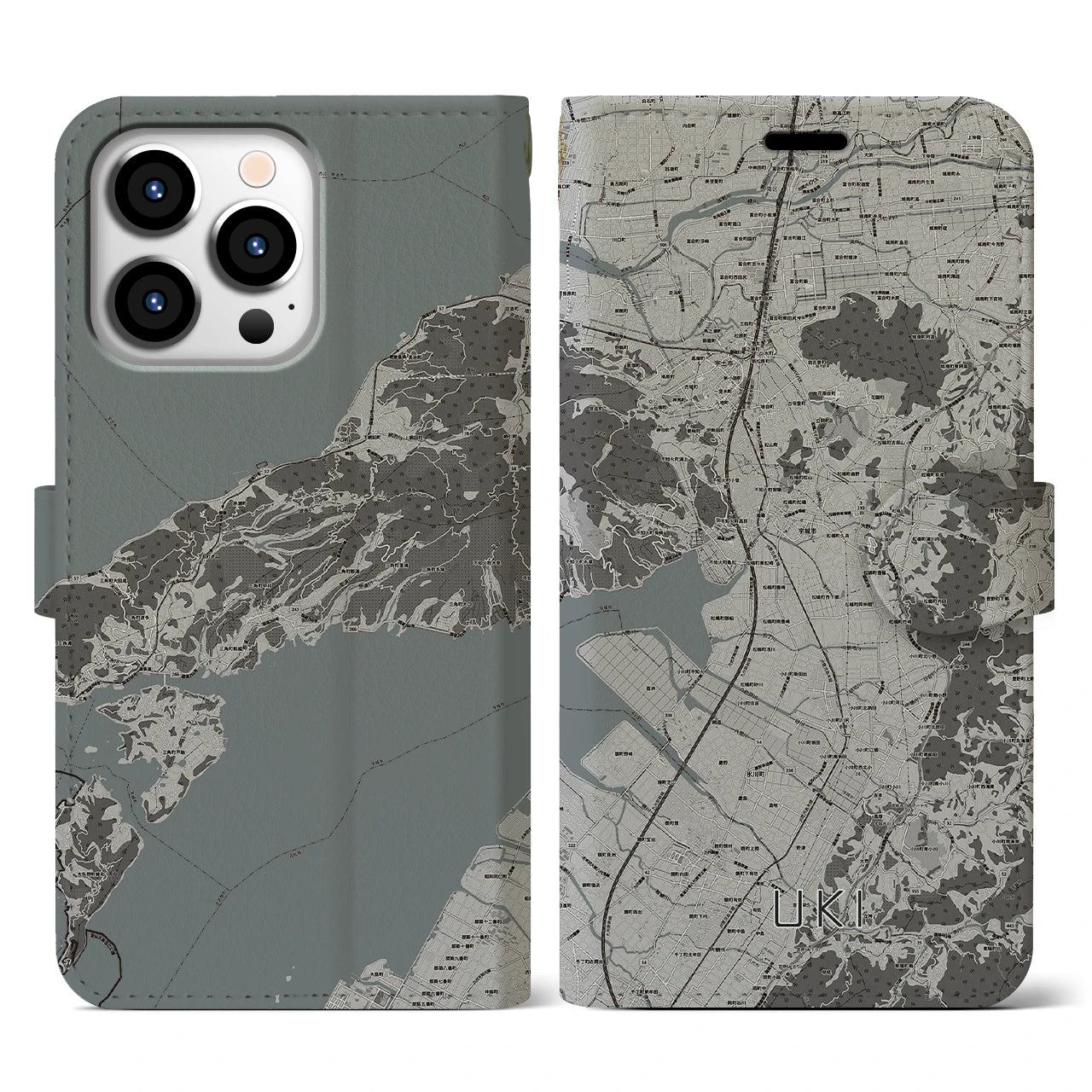 【宇城(熊本県)】地図柄iPhoneケース(手帳タイプ)モノトーン・iPhone 13 Pro 用