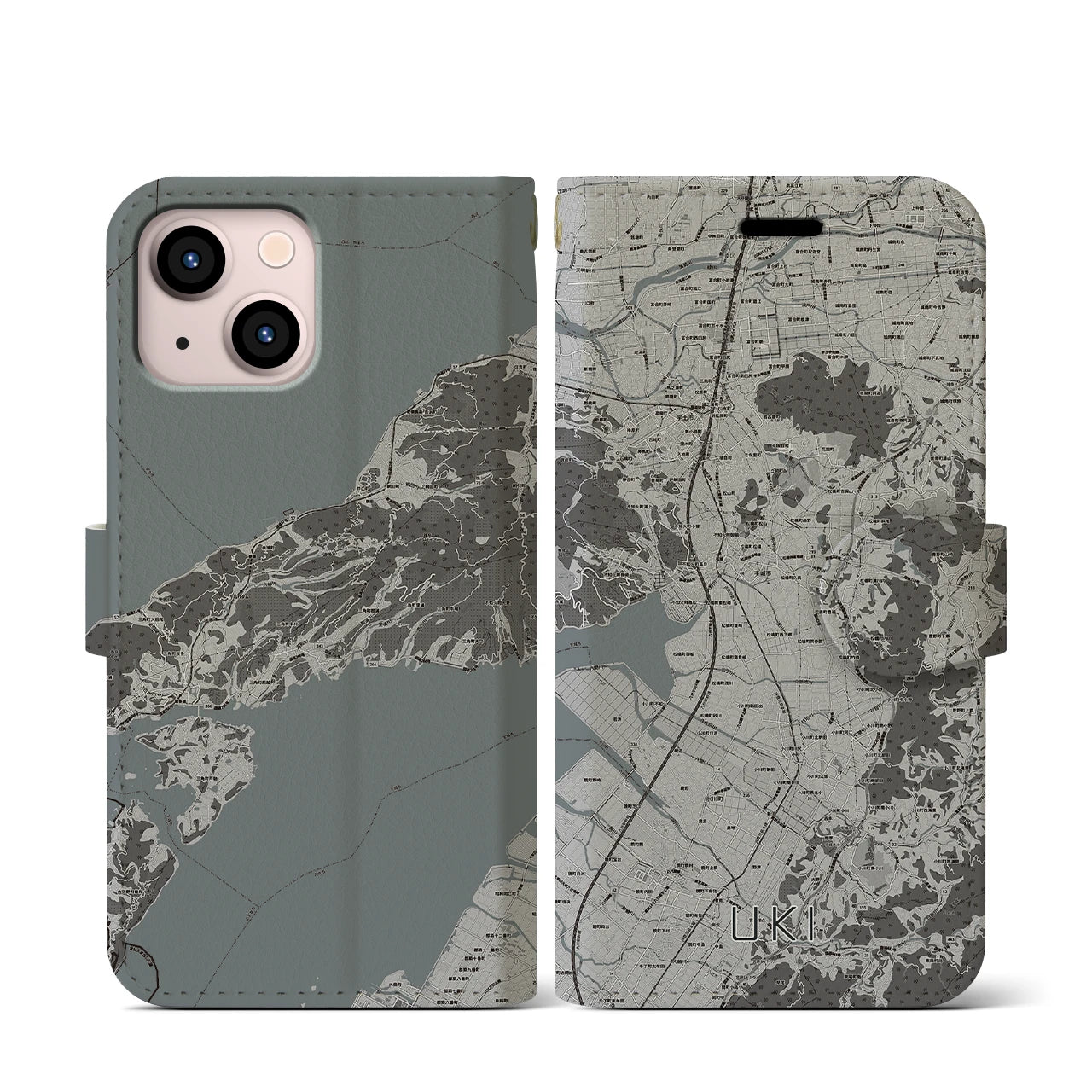 【宇城(熊本県)】地図柄iPhoneケース(手帳タイプ)モノトーン・iPhone 13 mini 用