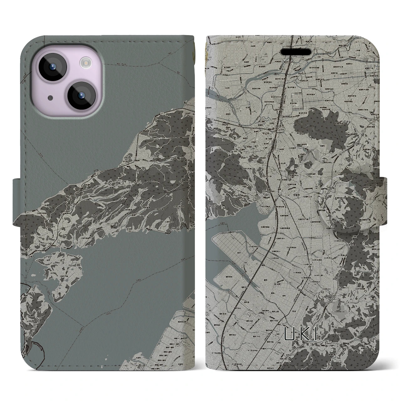 【宇城(熊本県)】地図柄iPhoneケース(手帳タイプ)モノトーン・iPhone 14 用