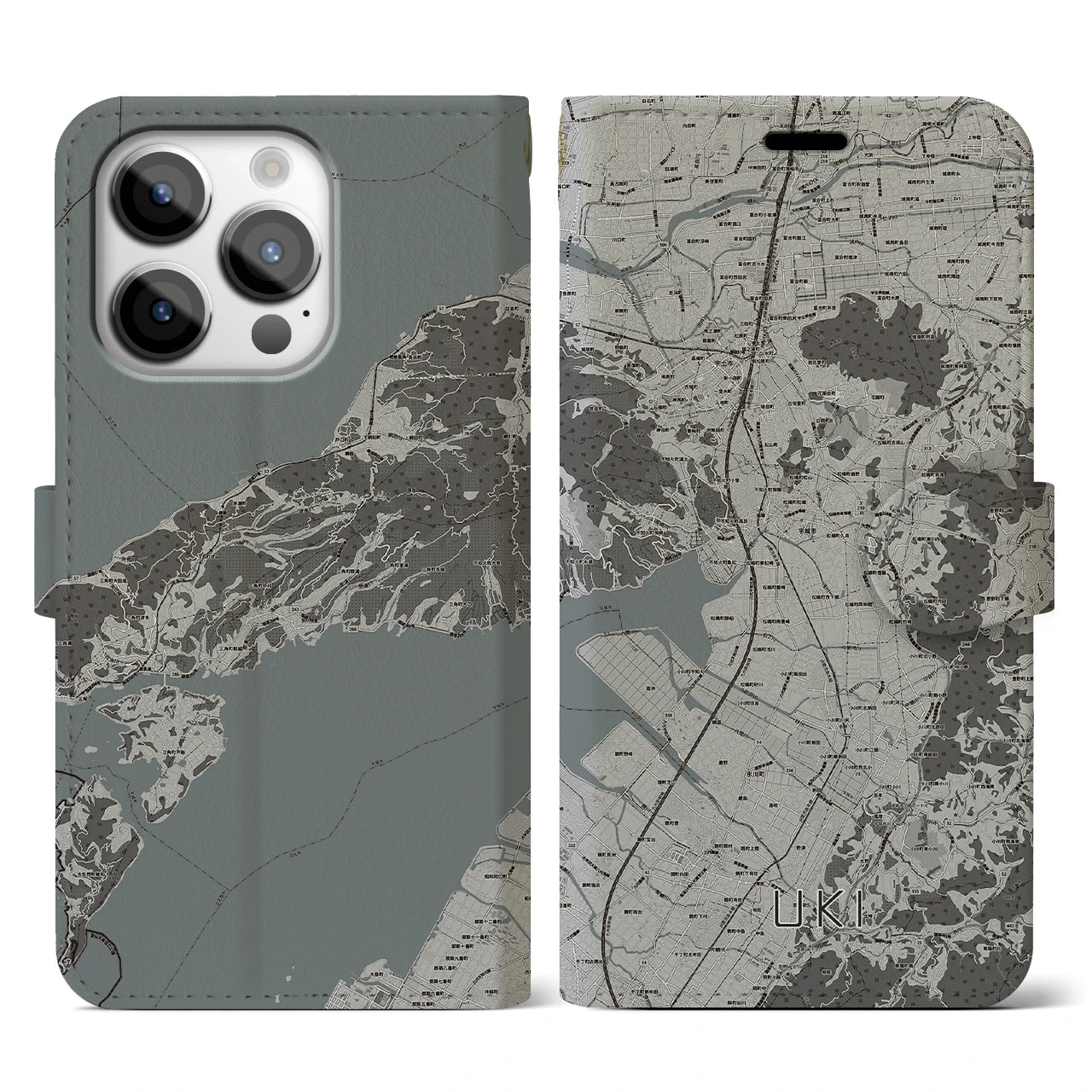 【宇城(熊本県)】地図柄iPhoneケース(手帳タイプ)モノトーン・iPhone 14 Pro 用