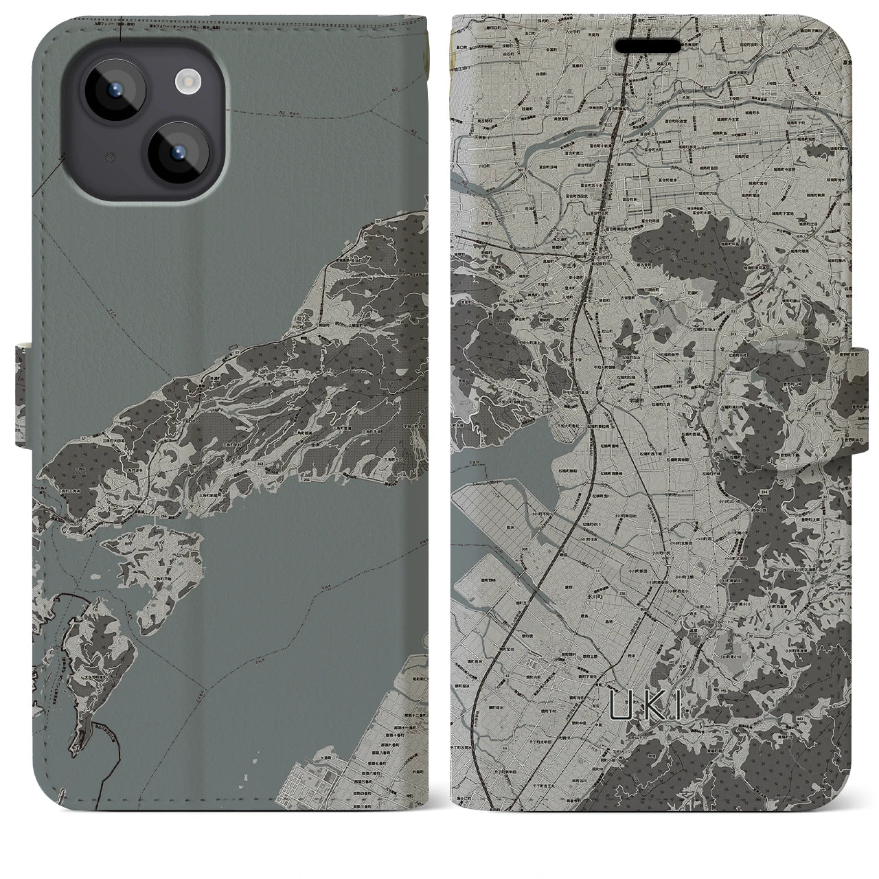 【宇城(熊本県)】地図柄iPhoneケース(手帳タイプ)モノトーン・iPhone 14 Plus 用