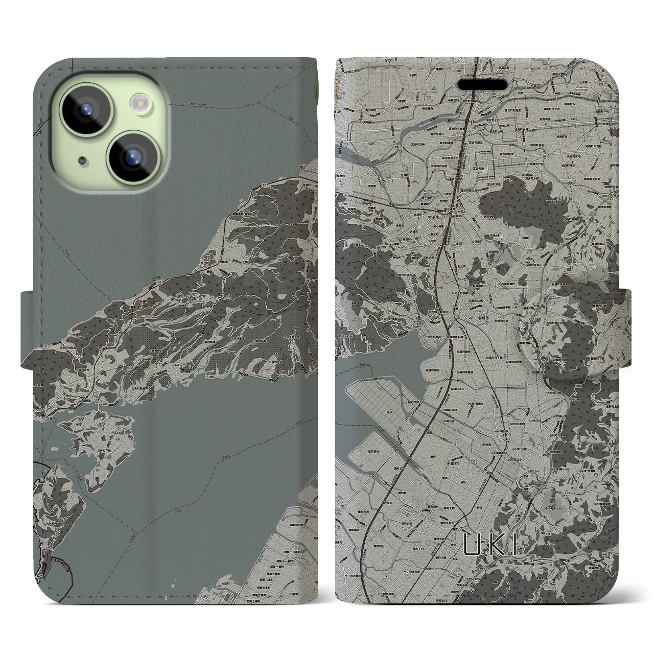 【宇城(熊本県)】地図柄iPhoneケース(手帳タイプ)モノトーン・iPhone 15 用