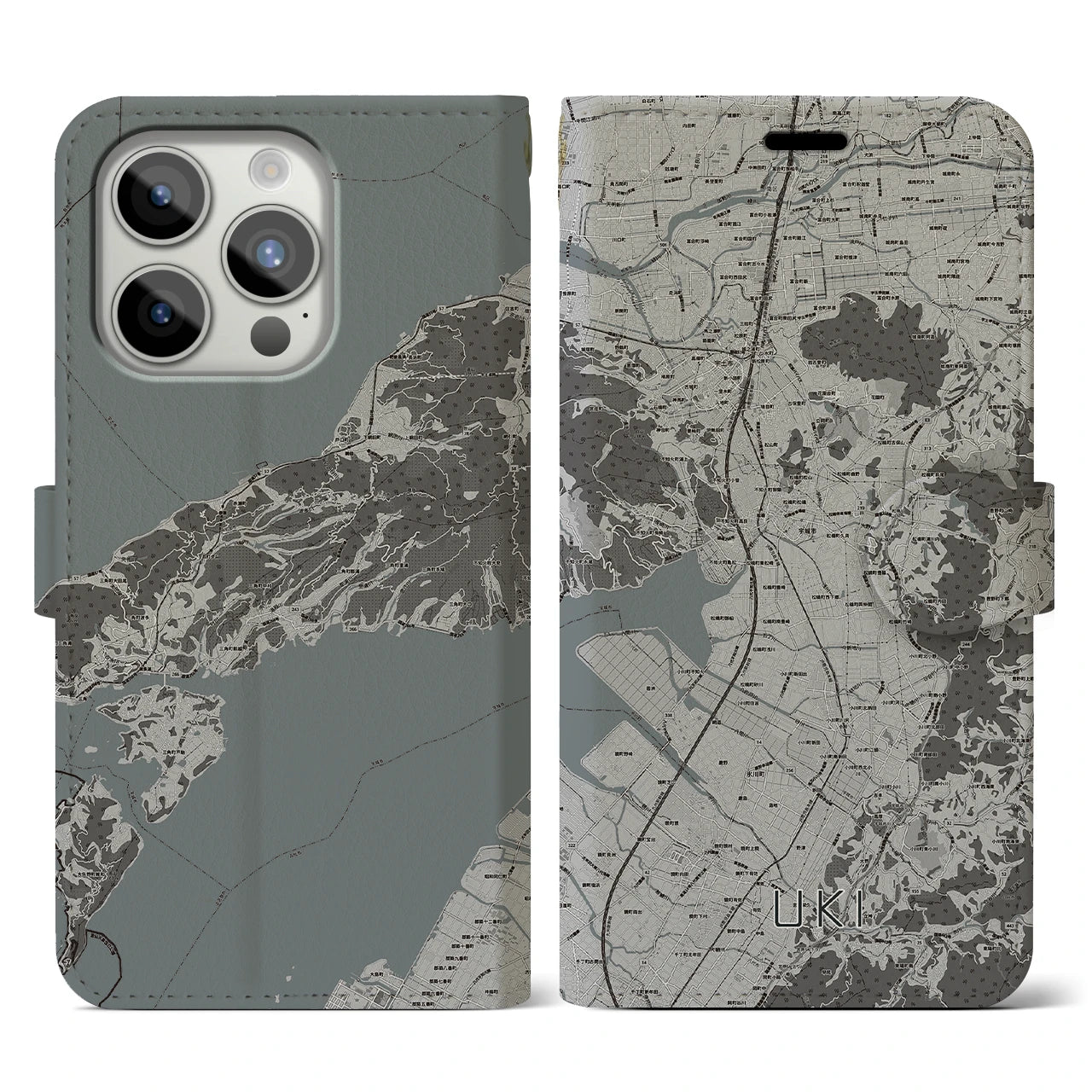 【宇城(熊本県)】地図柄iPhoneケース(手帳タイプ)モノトーン・iPhone 15 Pro 用