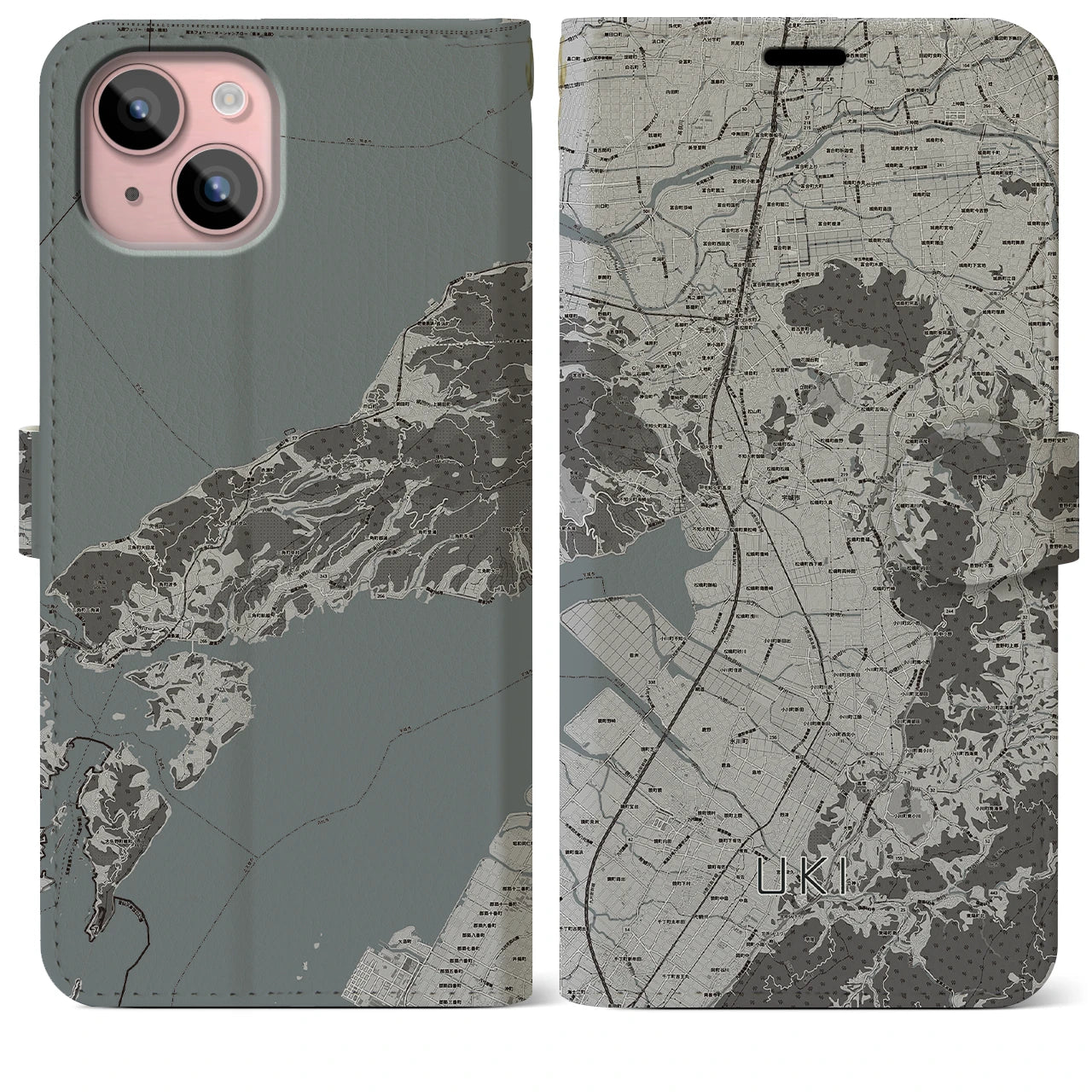 【宇城(熊本県)】地図柄iPhoneケース(手帳タイプ)モノトーン・iPhone 15 Plus 用