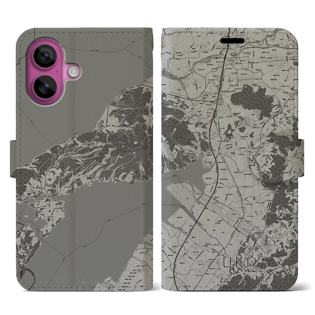 【宇城(熊本県)】地図柄iPhoneケース(手帳タイプ)モノトーン・iPhone 16 Pro 用