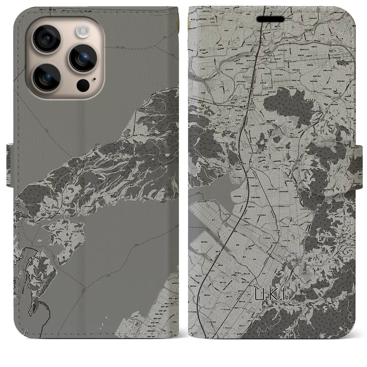 【宇城(熊本県)】地図柄iPhoneケース(手帳タイプ)モノトーン・iPhone 16 Plus 用