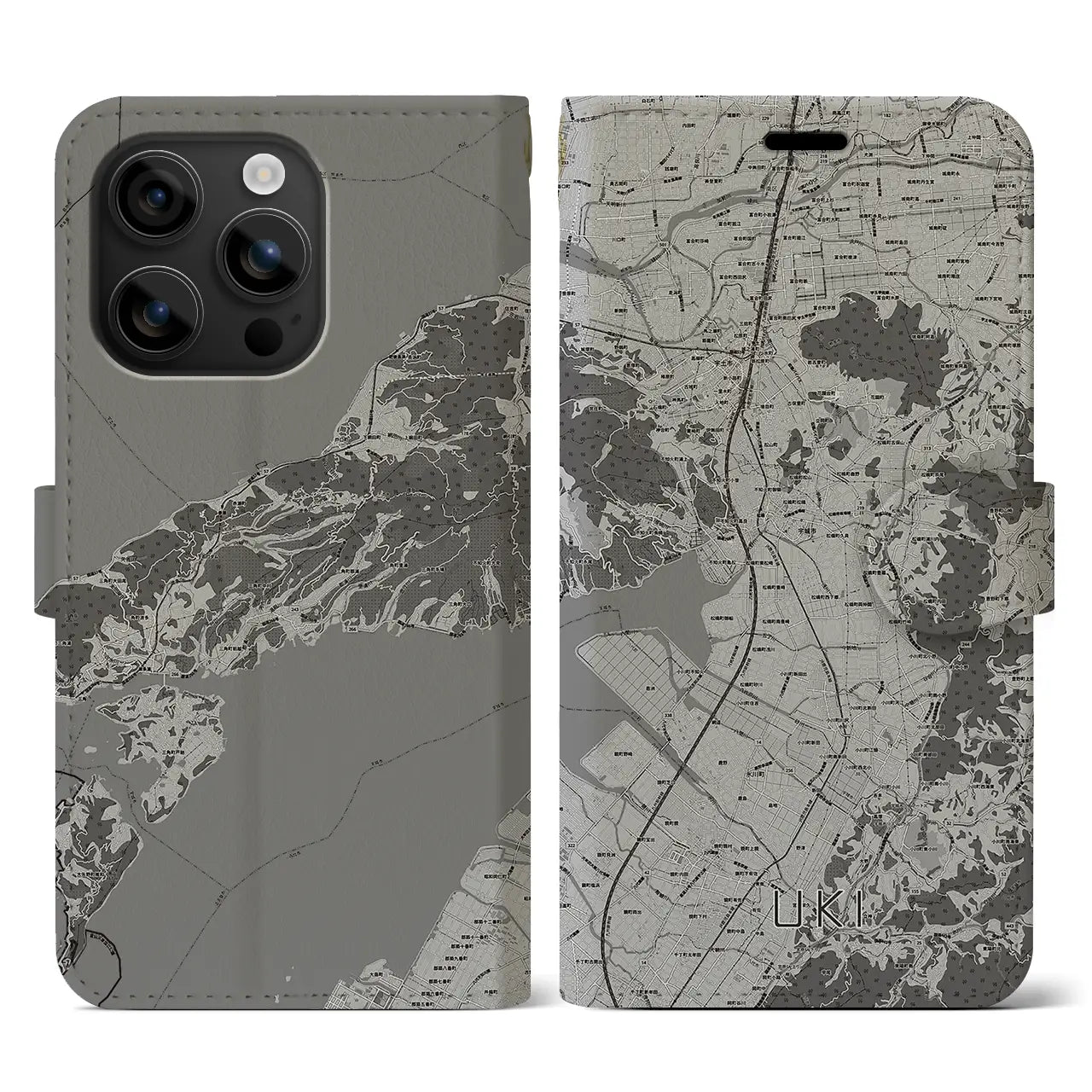 【宇城(熊本県)】地図柄iPhoneケース(手帳タイプ)モノトーン・iPhone 16 用