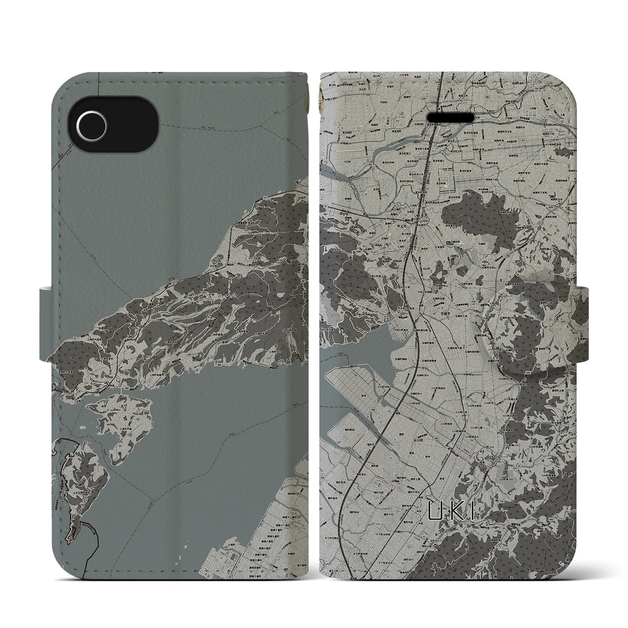 【宇城(熊本県)】地図柄iPhoneケース(手帳タイプ)モノトーン・iPhone SE(第3 / 第2世代) / 8 / 7 / 6s / 6 用