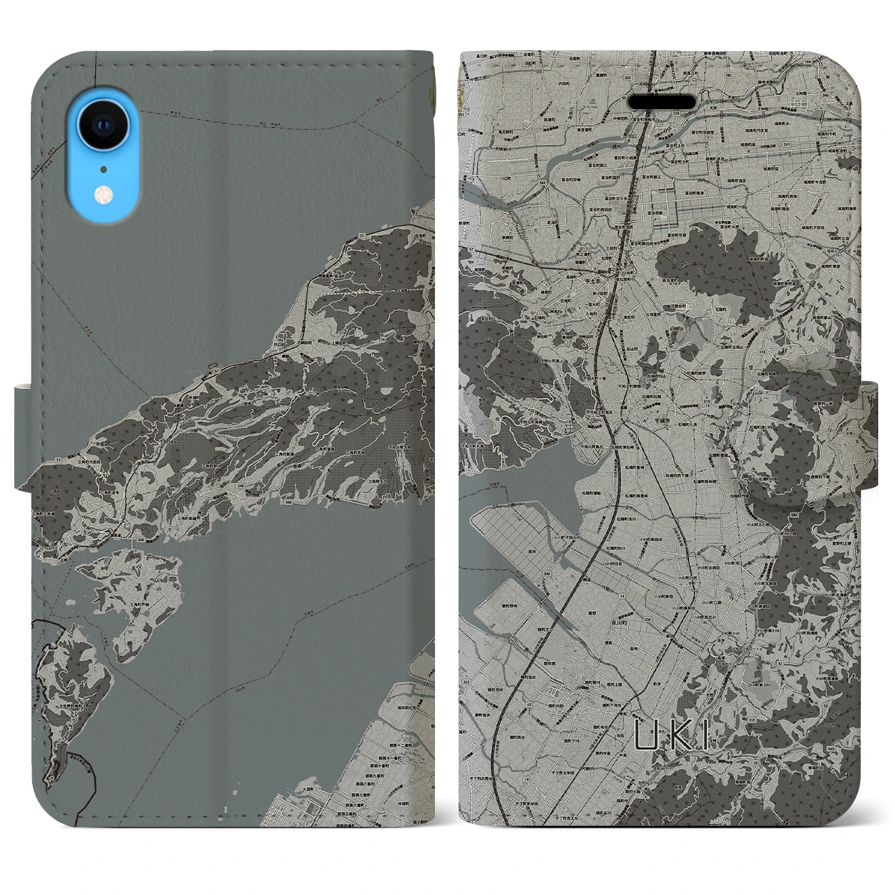 【宇城(熊本県)】地図柄iPhoneケース(手帳タイプ)モノトーン・iPhone XR 用