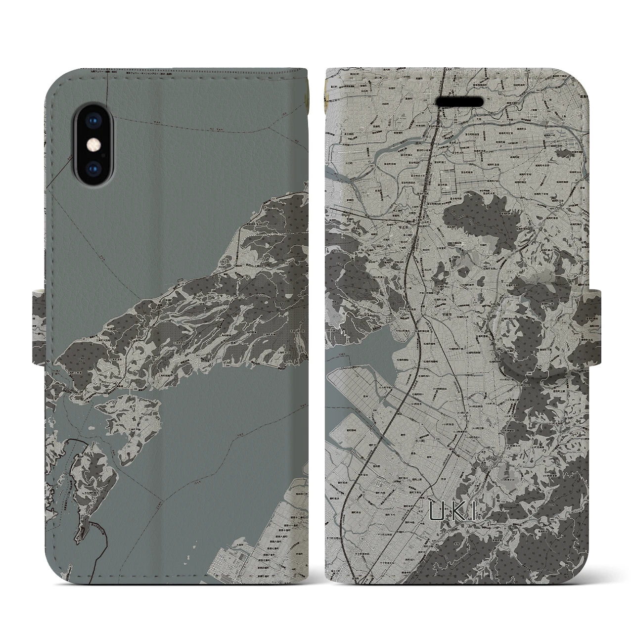 【宇城(熊本県)】地図柄iPhoneケース(手帳タイプ)モノトーン・iPhone XS / X 用