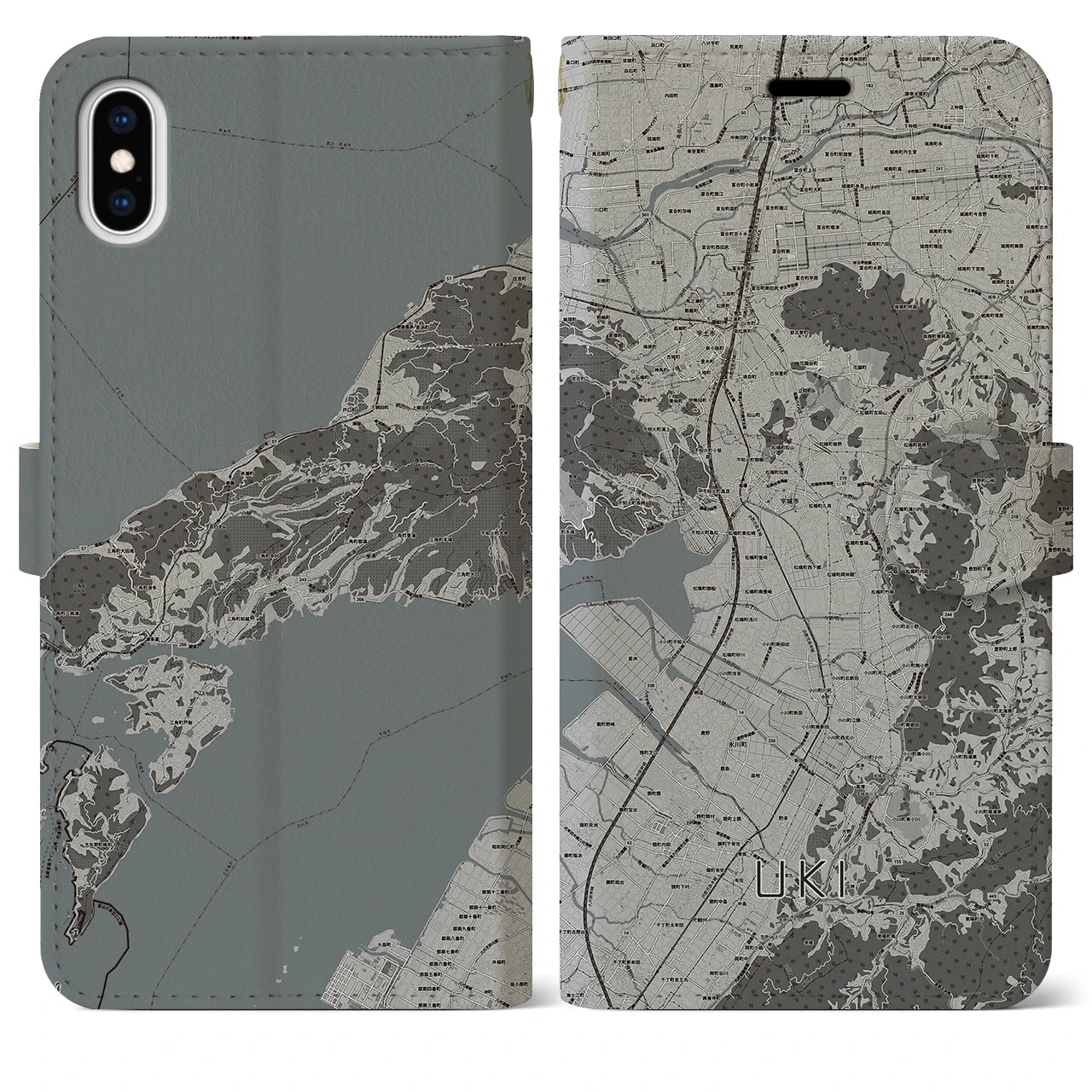 【宇城(熊本県)】地図柄iPhoneケース(手帳タイプ)モノトーン・iPhone XS Max 用