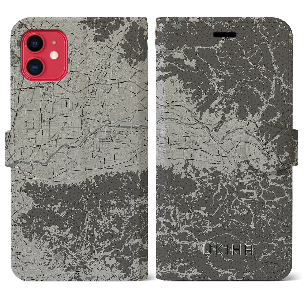 【うきは(福岡県)】地図柄iPhoneケース(手帳タイプ)モノトーン・iPhone 11 用