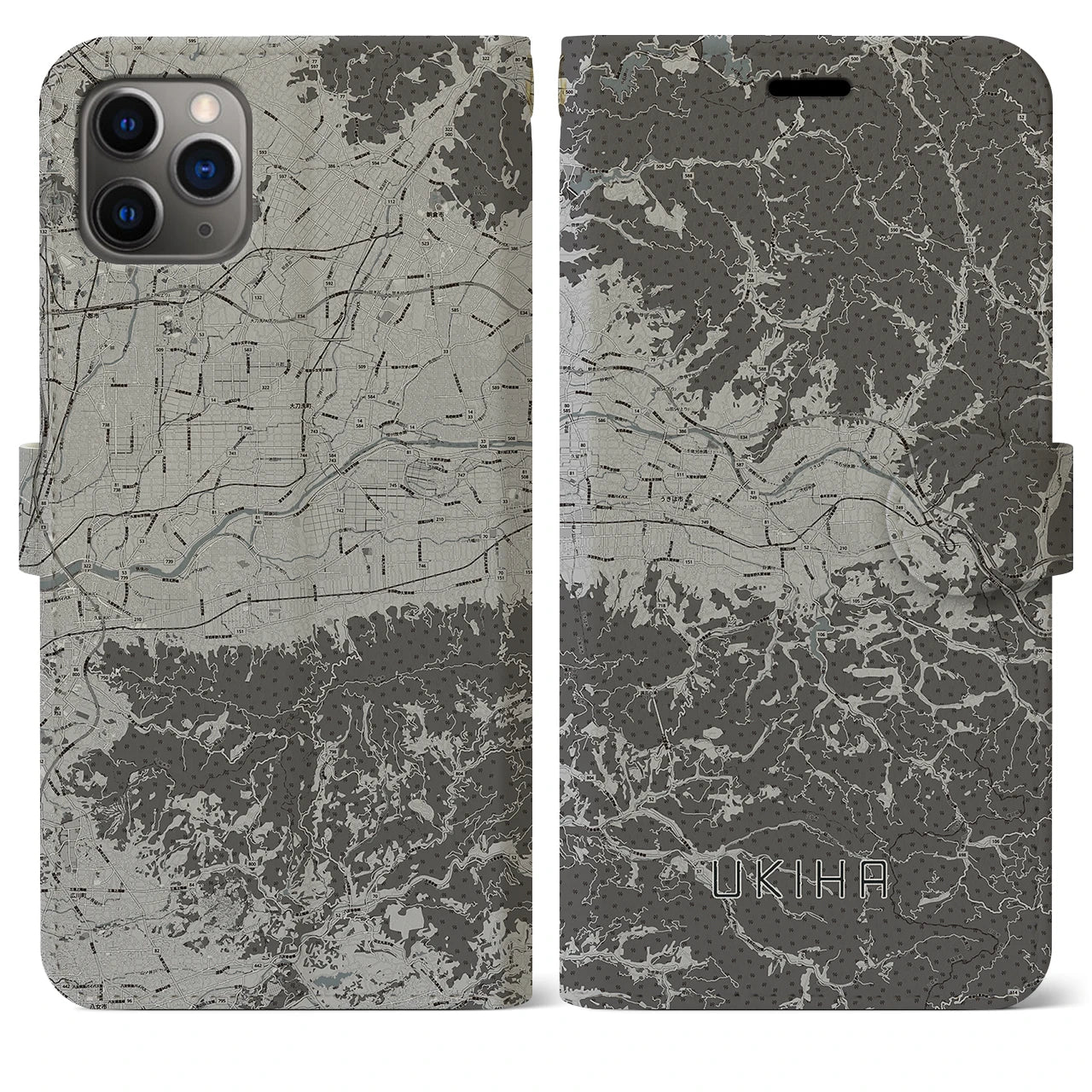 【うきは(福岡県)】地図柄iPhoneケース(手帳タイプ)モノトーン・iPhone 11 Pro Max 用