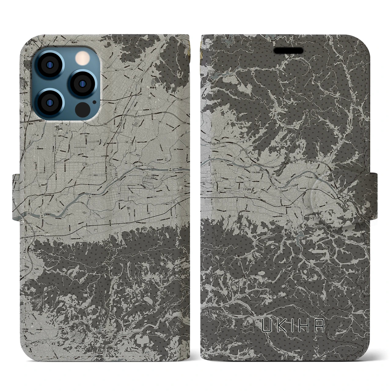 【うきは(福岡県)】地図柄iPhoneケース(手帳タイプ)モノトーン・iPhone 12 / 12 Pro 用