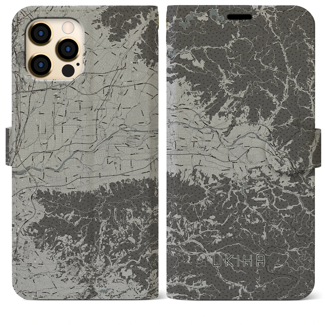 【うきは(福岡県)】地図柄iPhoneケース(手帳タイプ)モノトーン・iPhone 12 Pro Max 用