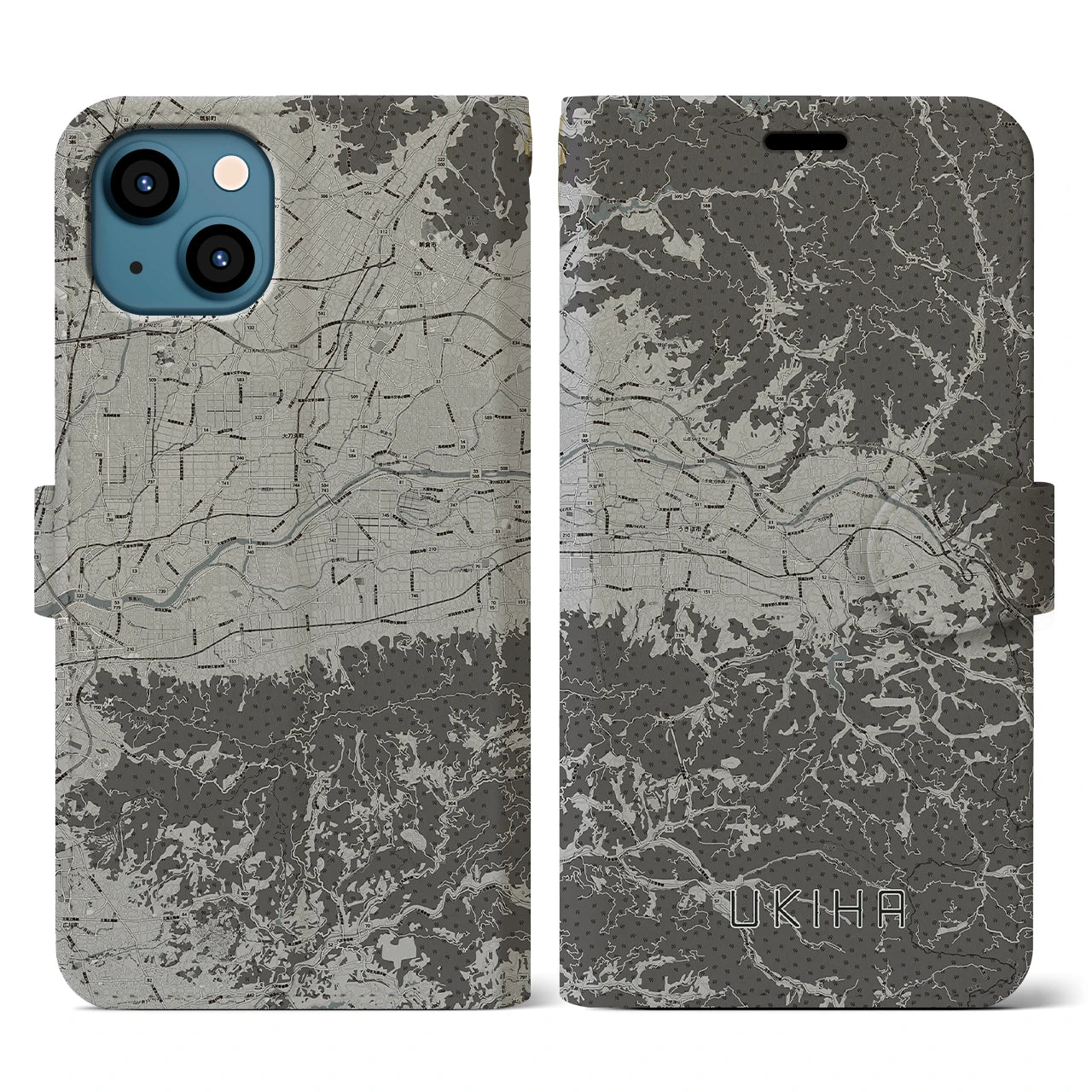 【うきは(福岡県)】地図柄iPhoneケース(手帳タイプ)モノトーン・iPhone 13 用