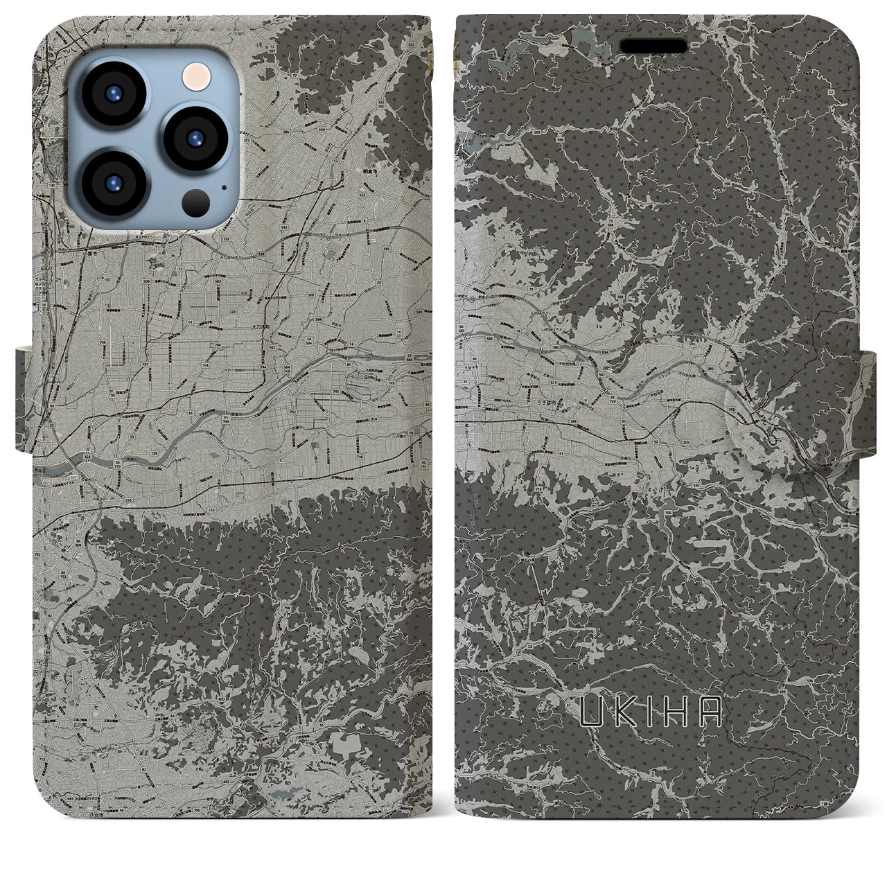 【うきは(福岡県)】地図柄iPhoneケース(手帳タイプ)モノトーン・iPhone 13 Pro Max 用