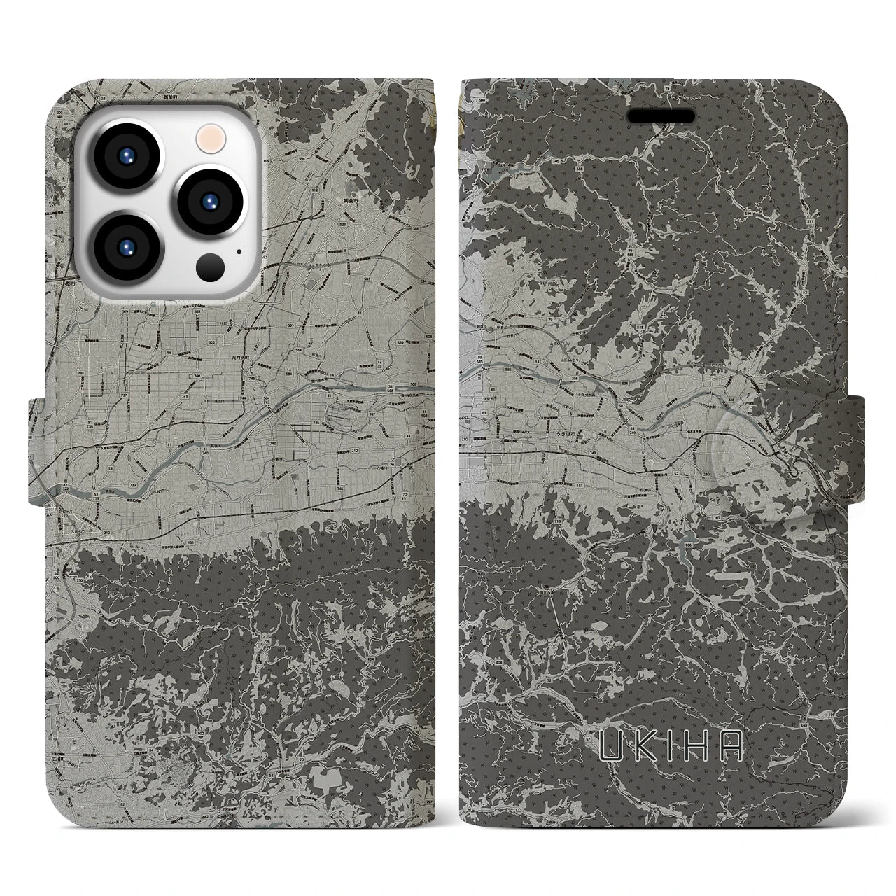 【うきは(福岡県)】地図柄iPhoneケース(手帳タイプ)モノトーン・iPhone 13 Pro 用